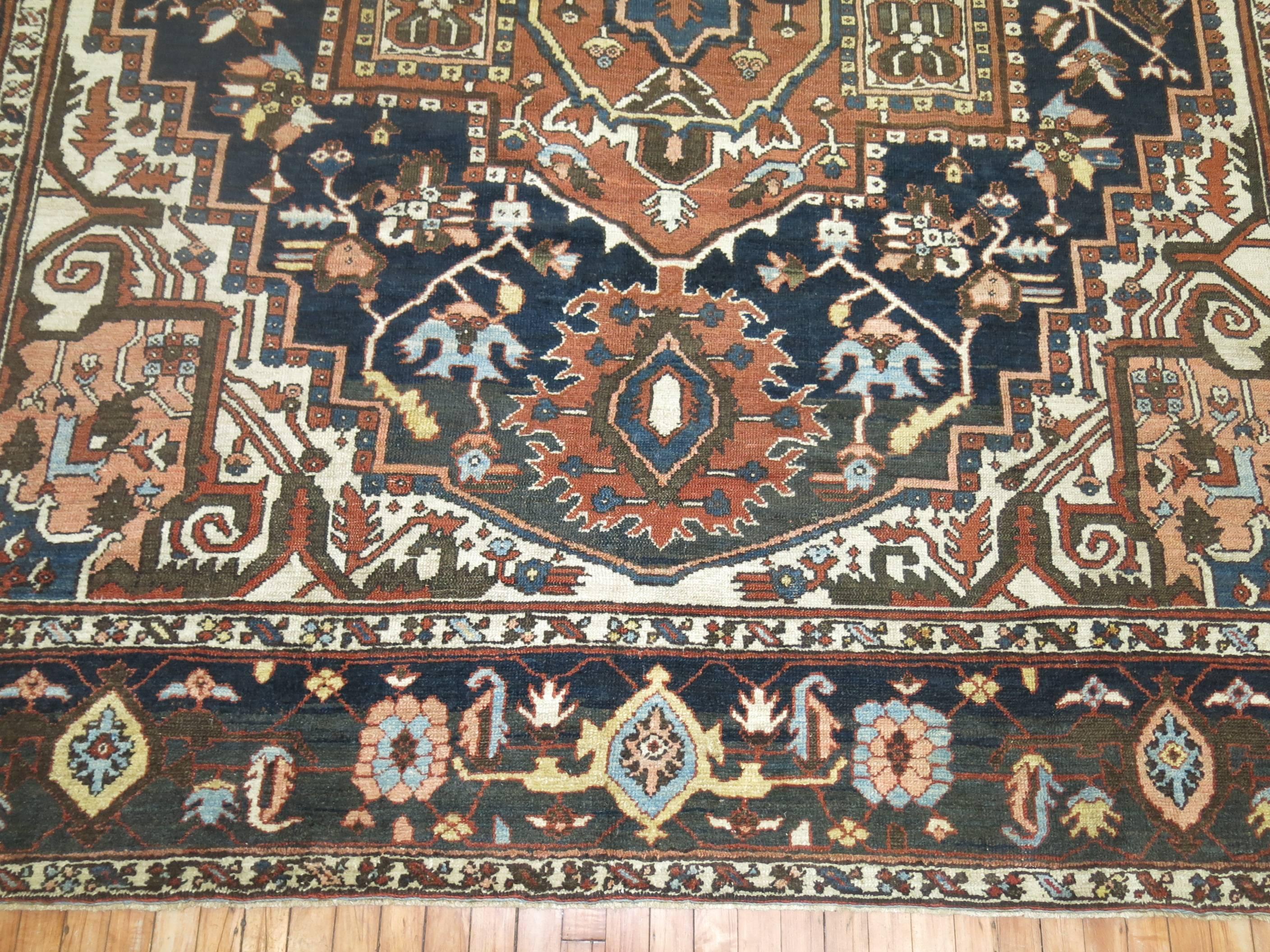 Rustic Persian Heriz Charcoal Brown Navy Room Size Early 20th Century Masculine Rug For Sale