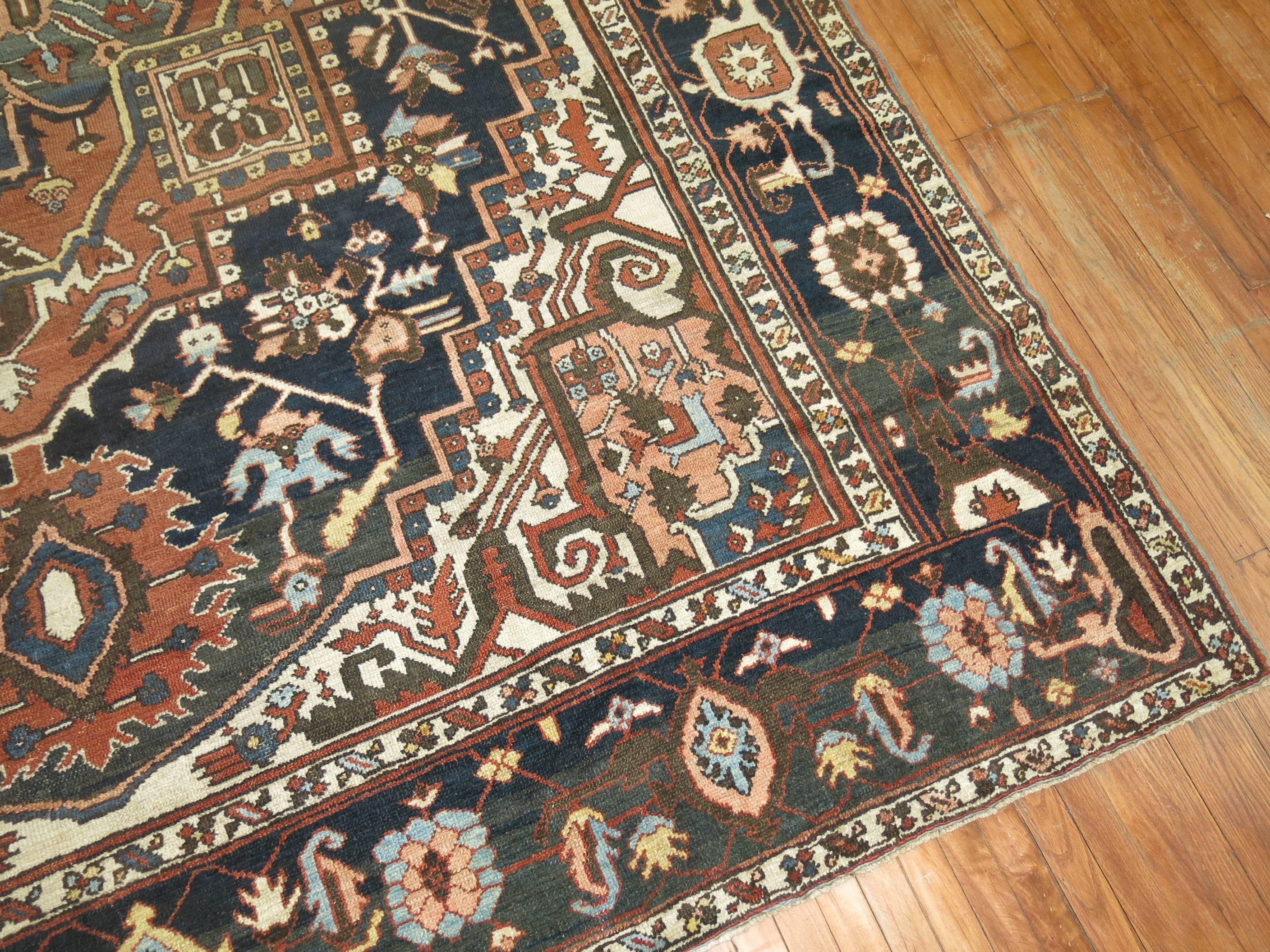 Hand-Woven Persian Heriz Charcoal Brown Navy Room Size Early 20th Century Masculine Rug For Sale