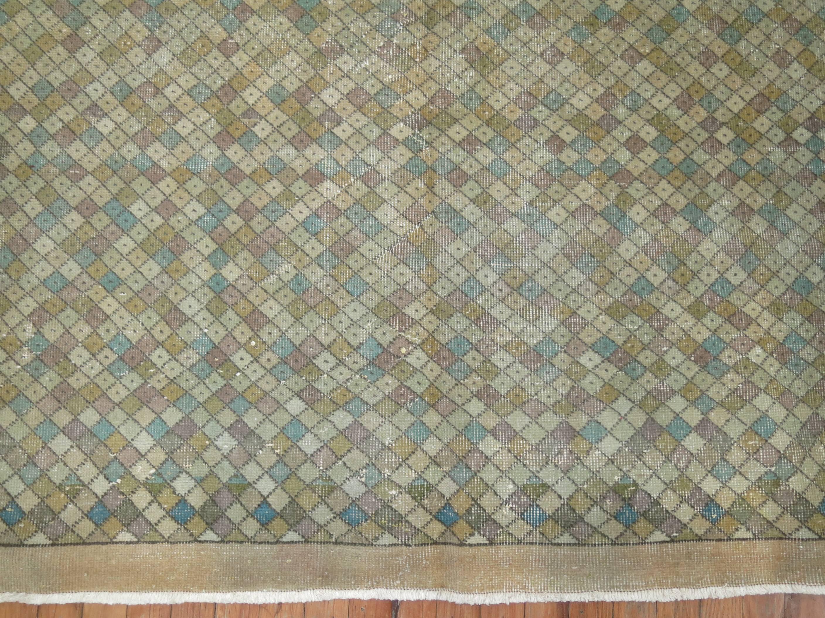 Hand-Knotted Square Hand Knotted Vintage Turkish Deco Mid-20th Century Carpet