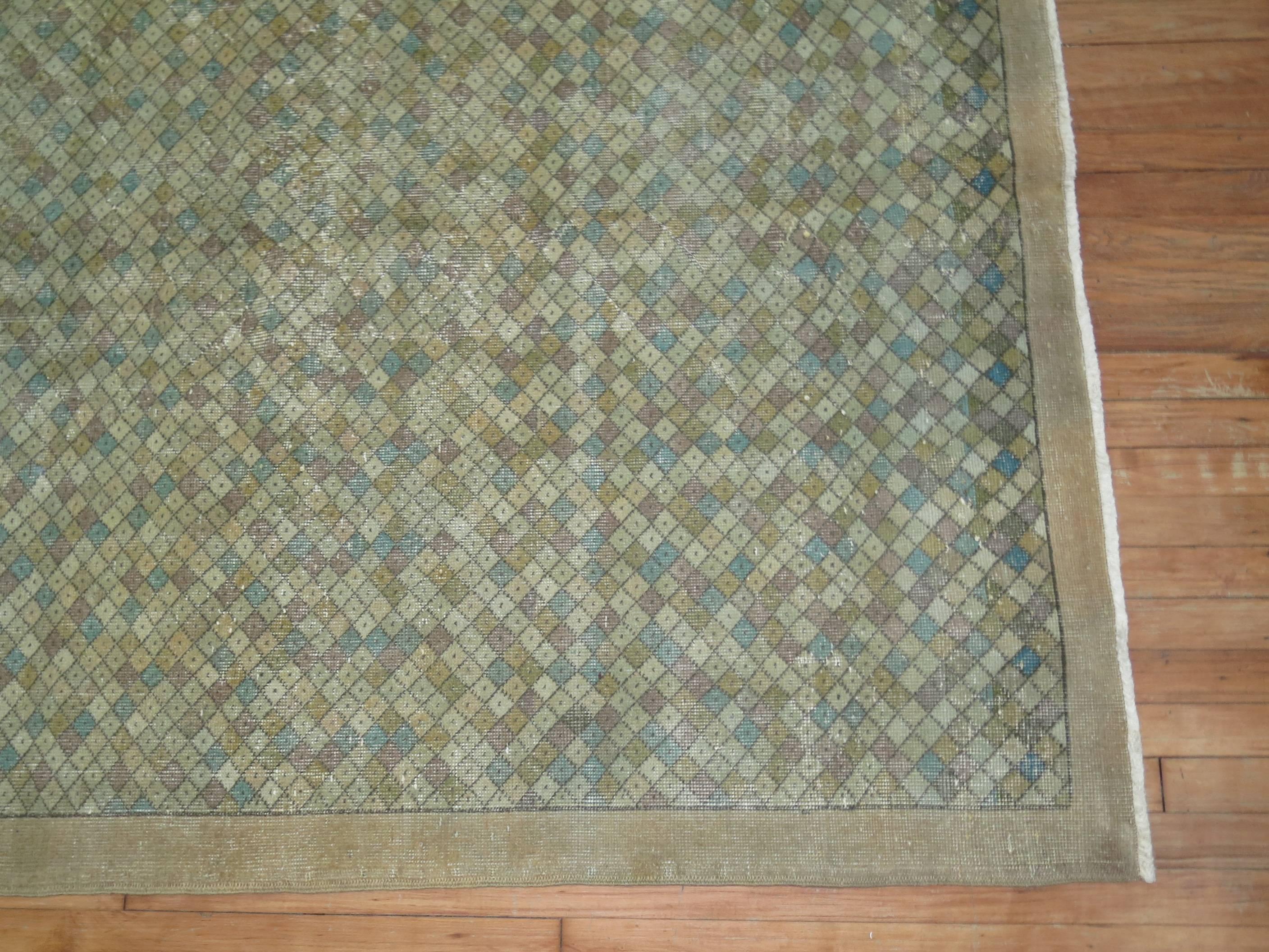 Square Hand Knotted Vintage Turkish Deco Mid-20th Century Carpet In Good Condition In New York, NY