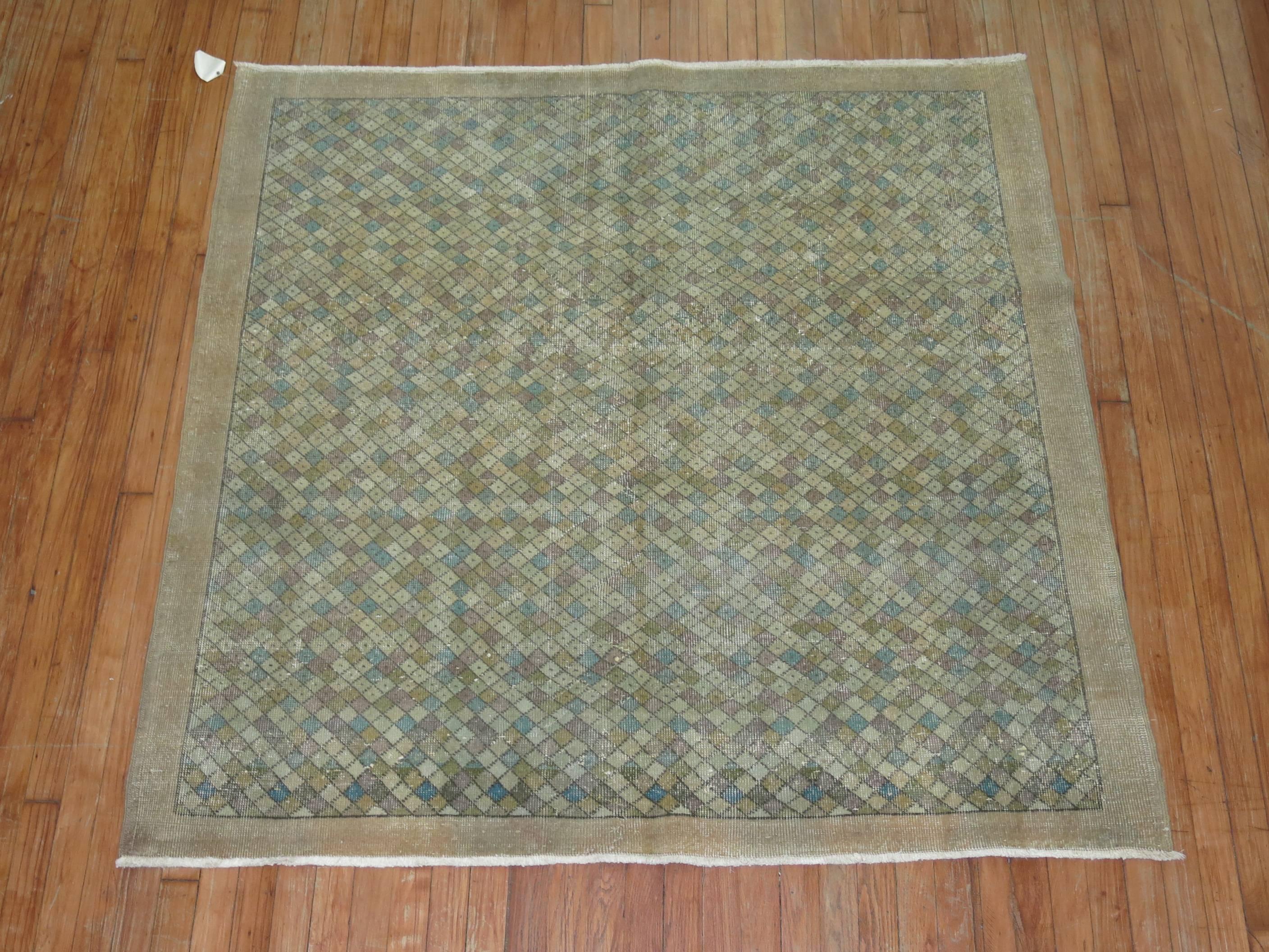 Square Hand Knotted Vintage Turkish Deco Mid-20th Century Carpet 2
