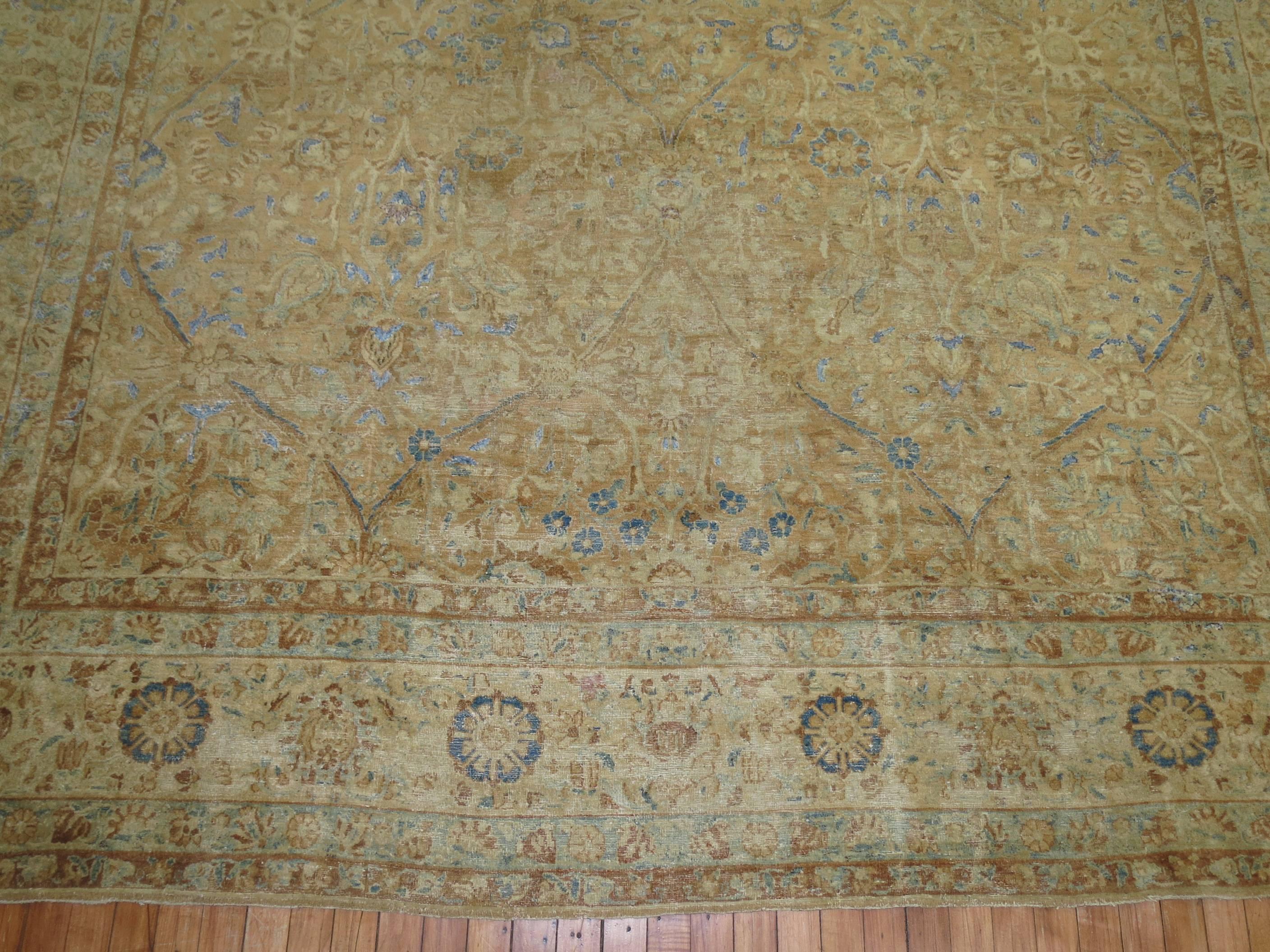 Hand-Knotted Fancy Robin Eggs Blue Light Brown Antique Persian Kerman Room Size Rug