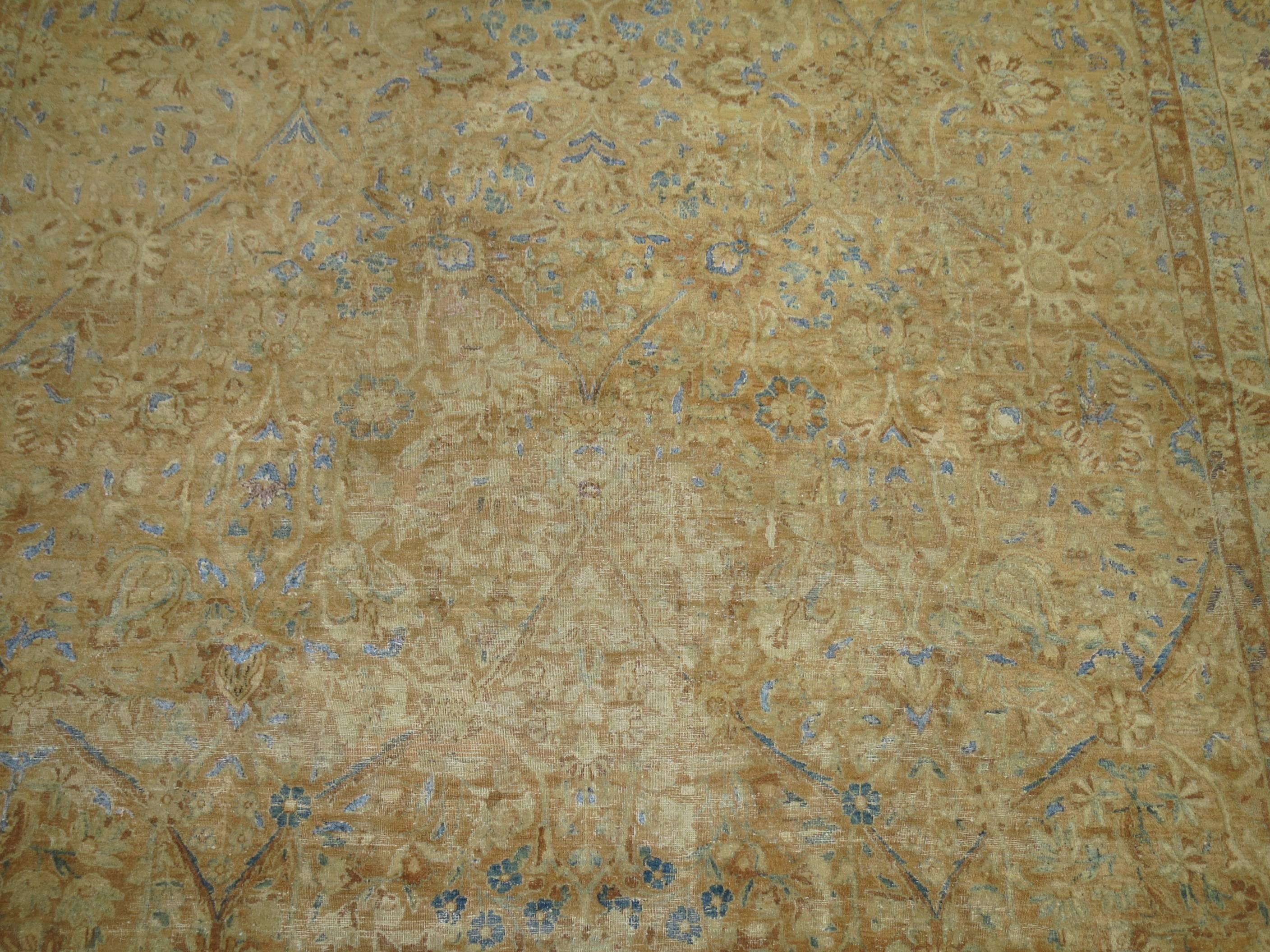 Fancy Robin Eggs Blue Light Brown Antique Persian Kerman Room Size Rug In Good Condition In New York, NY