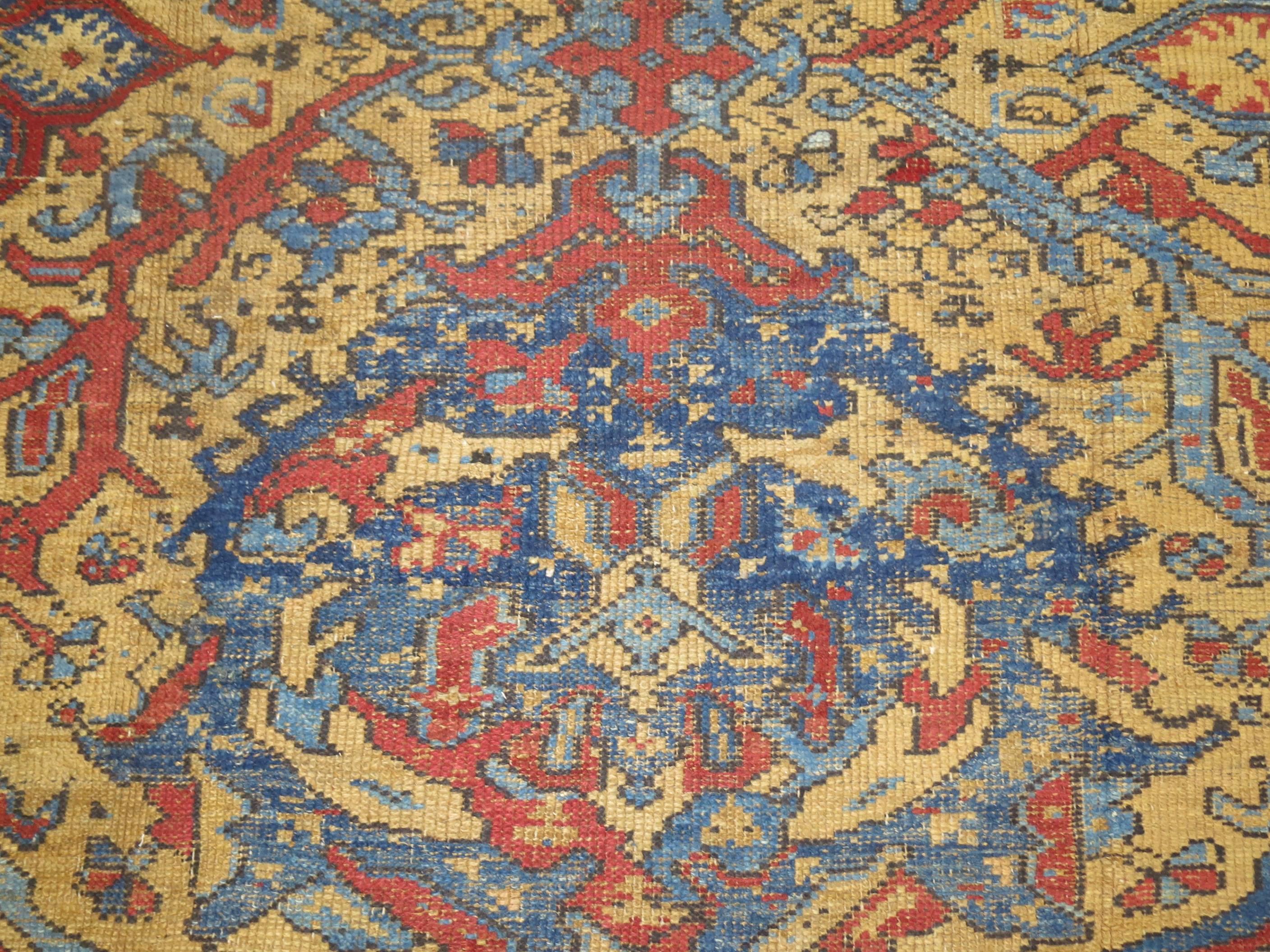 An authentic Turkish Smyrna rug with a mustard field and various shades of blues and reds.

Measures: 10'2