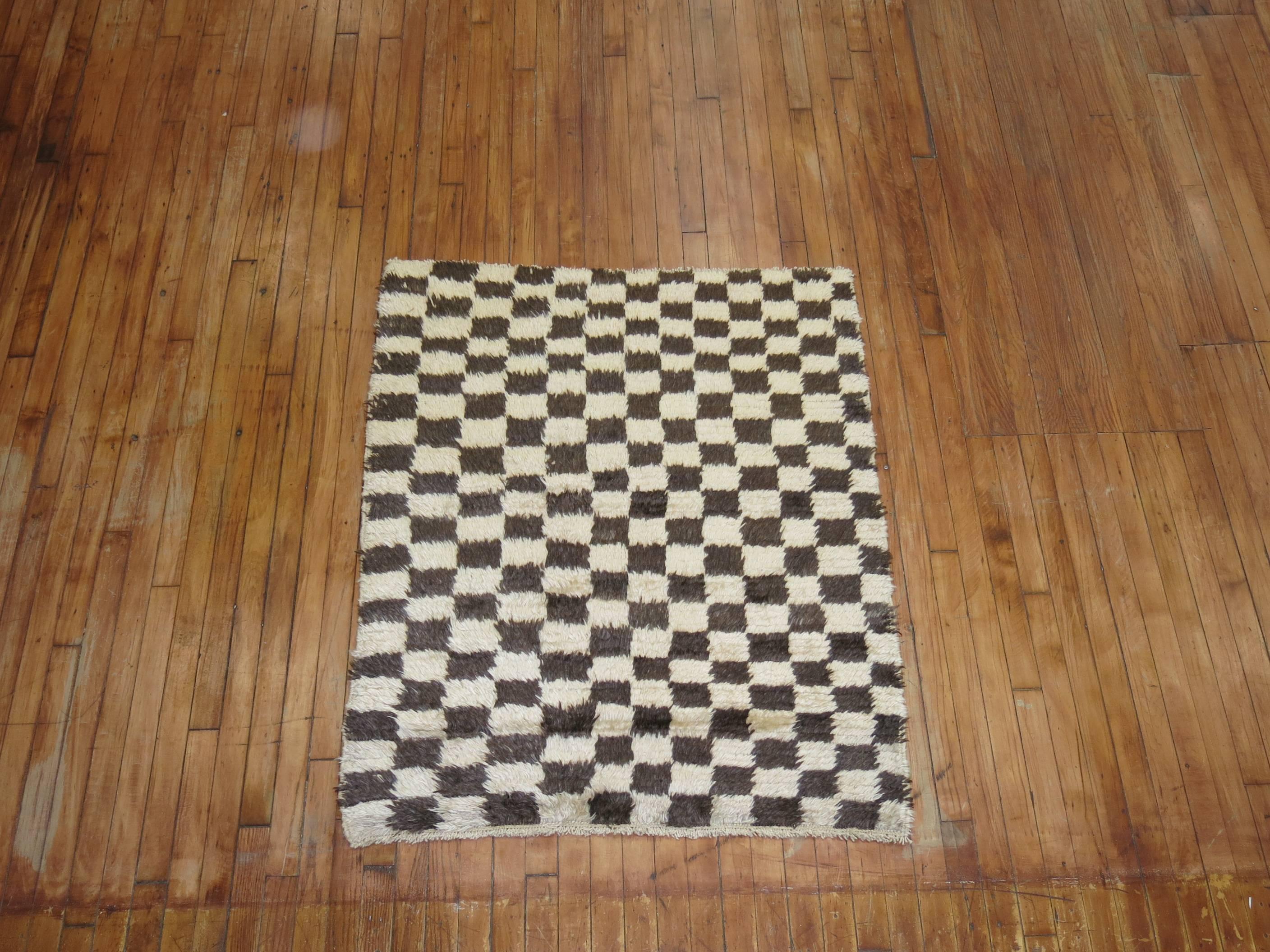 Mid-Century Modern Turkish Shag Checkerboard Rug