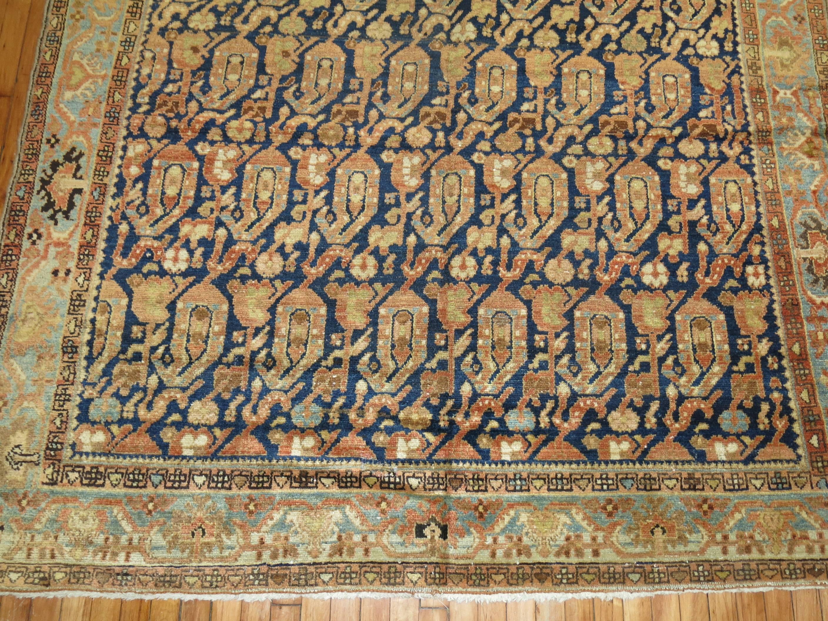 Hand-Knotted Blue Terracotta Oriental Gallery Size Persian Malayer Paisley Rug For Sale