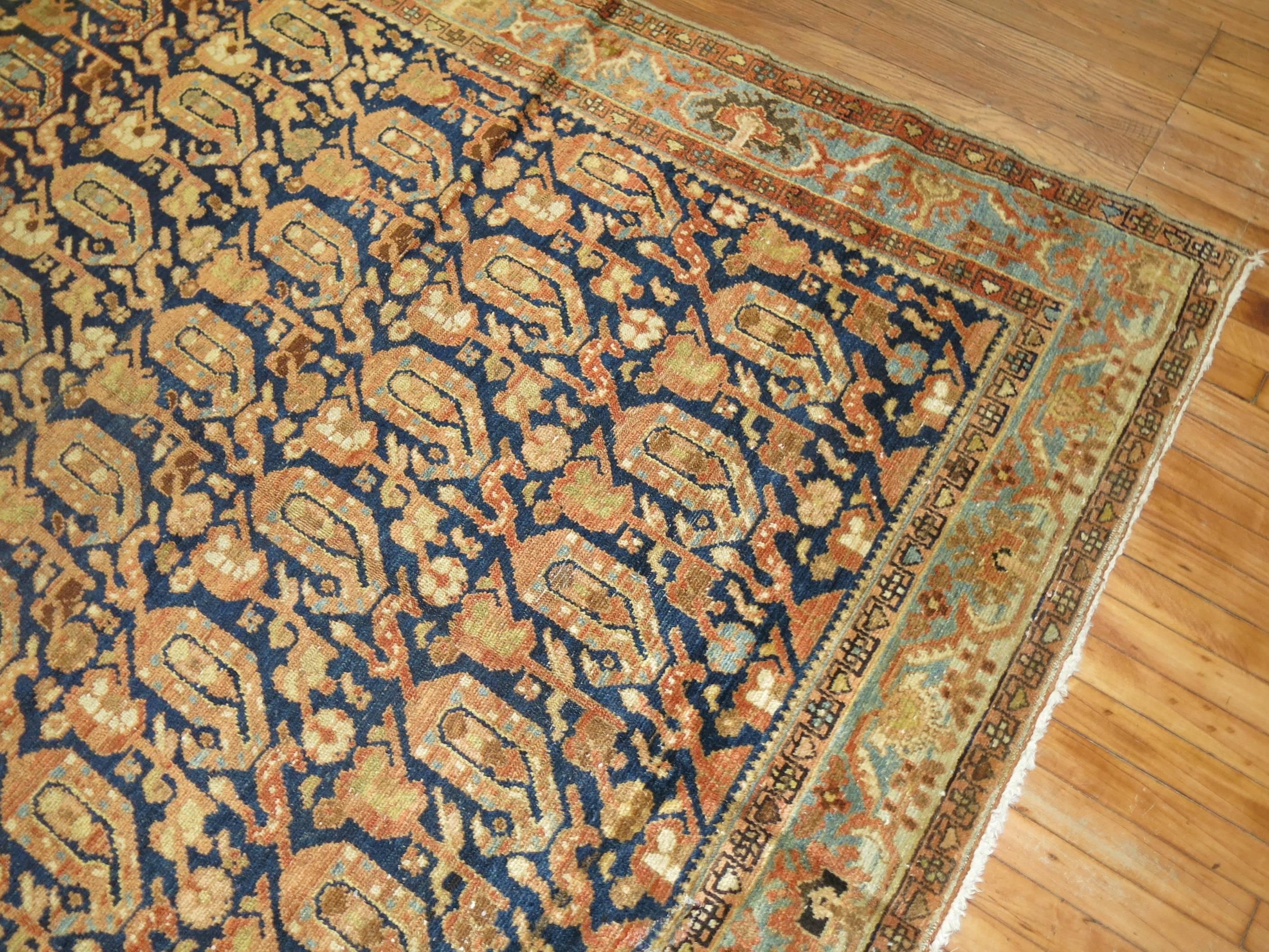 20th Century Blue Terracotta Oriental Gallery Size Persian Malayer Paisley Rug For Sale