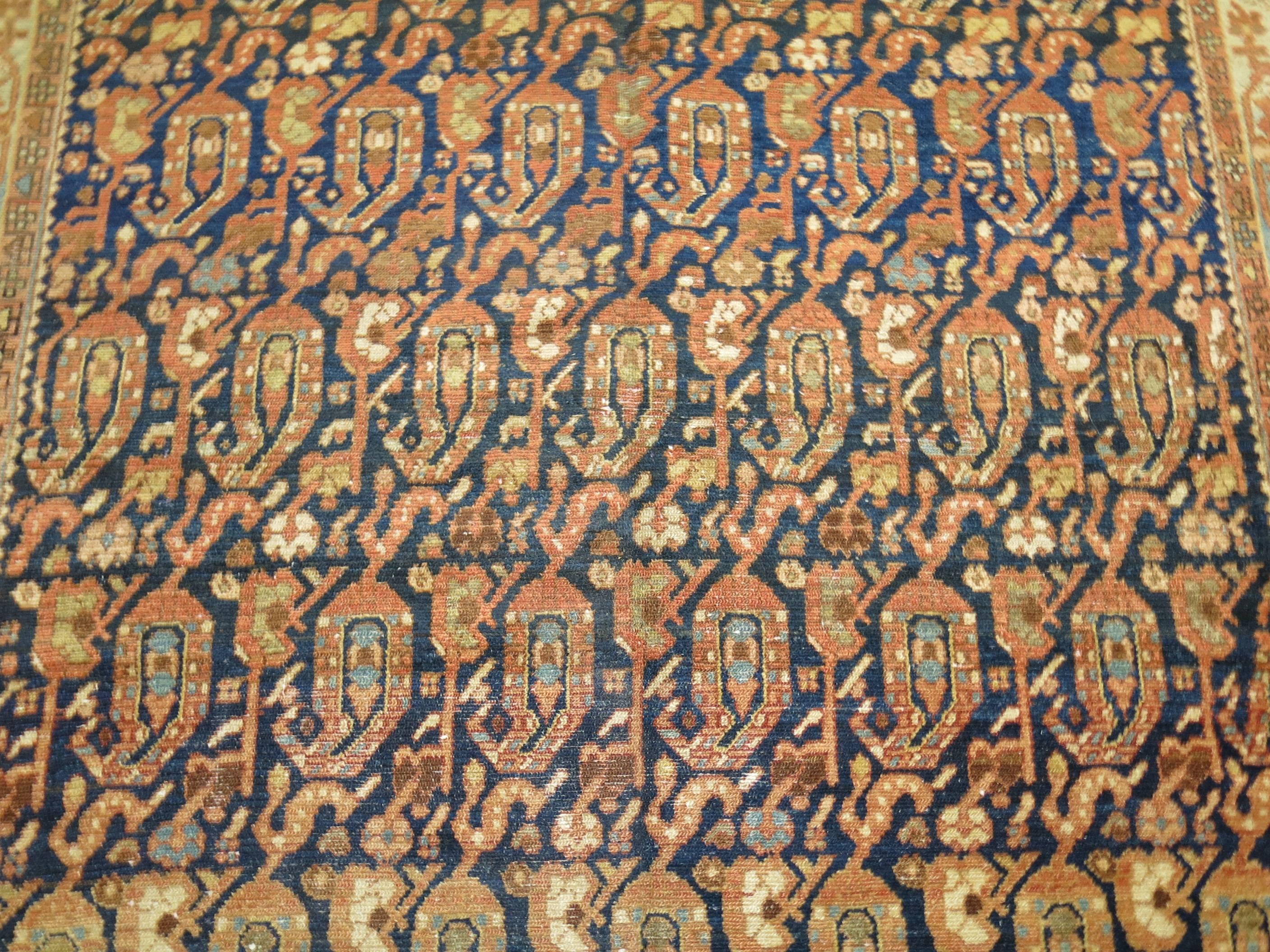 Wool Blue Terracotta Oriental Gallery Size Persian Malayer Paisley Rug For Sale