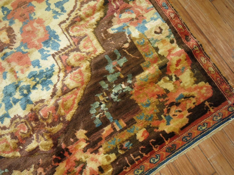 Muave Brown Handwoven Antique Armenian Floral Karabagh Rug Dated 1934