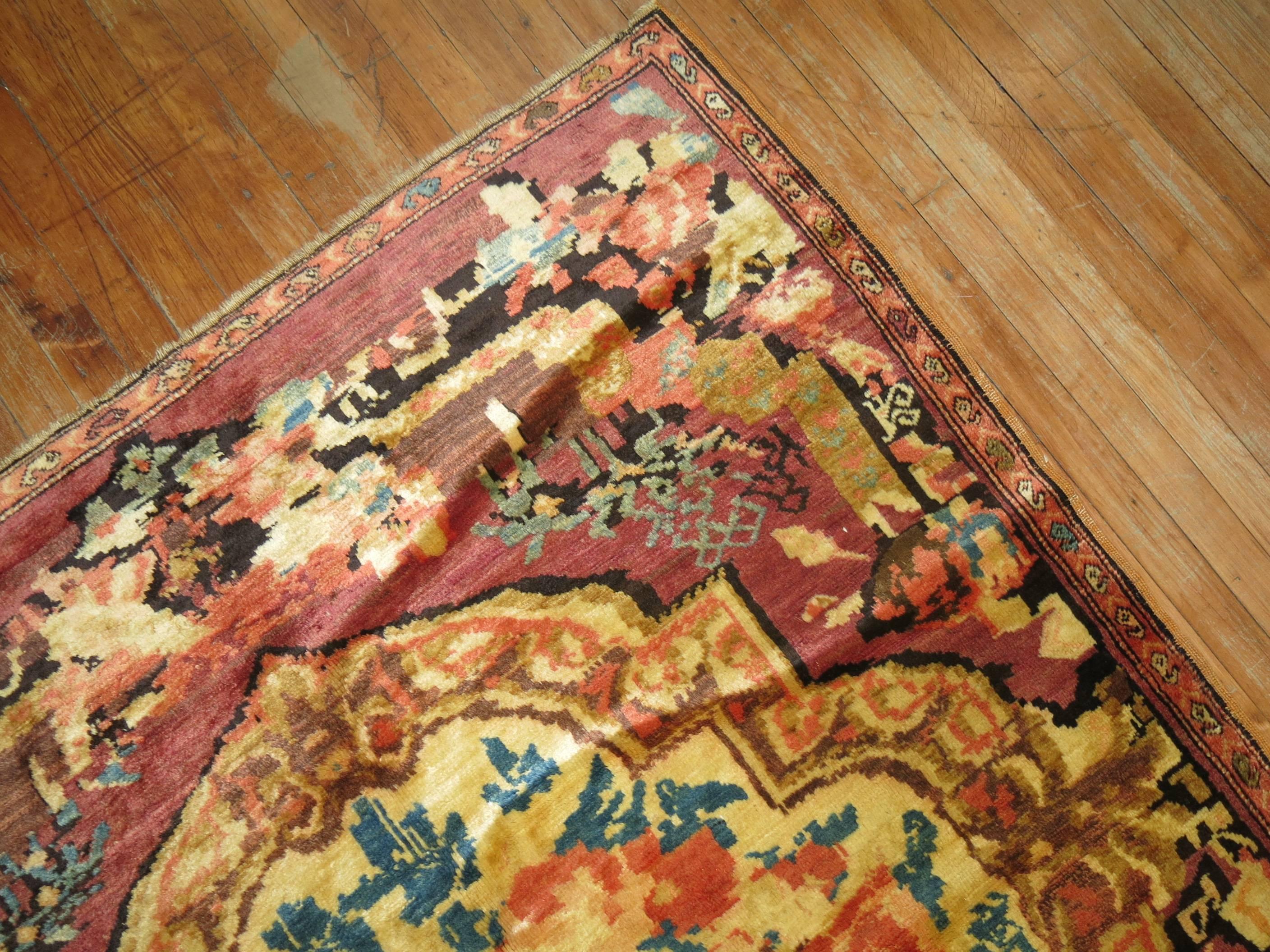 Muave Brown Handwoven Antique Armenian Floral Karabagh Rug Dated 1934 In Excellent Condition For Sale In New York, NY