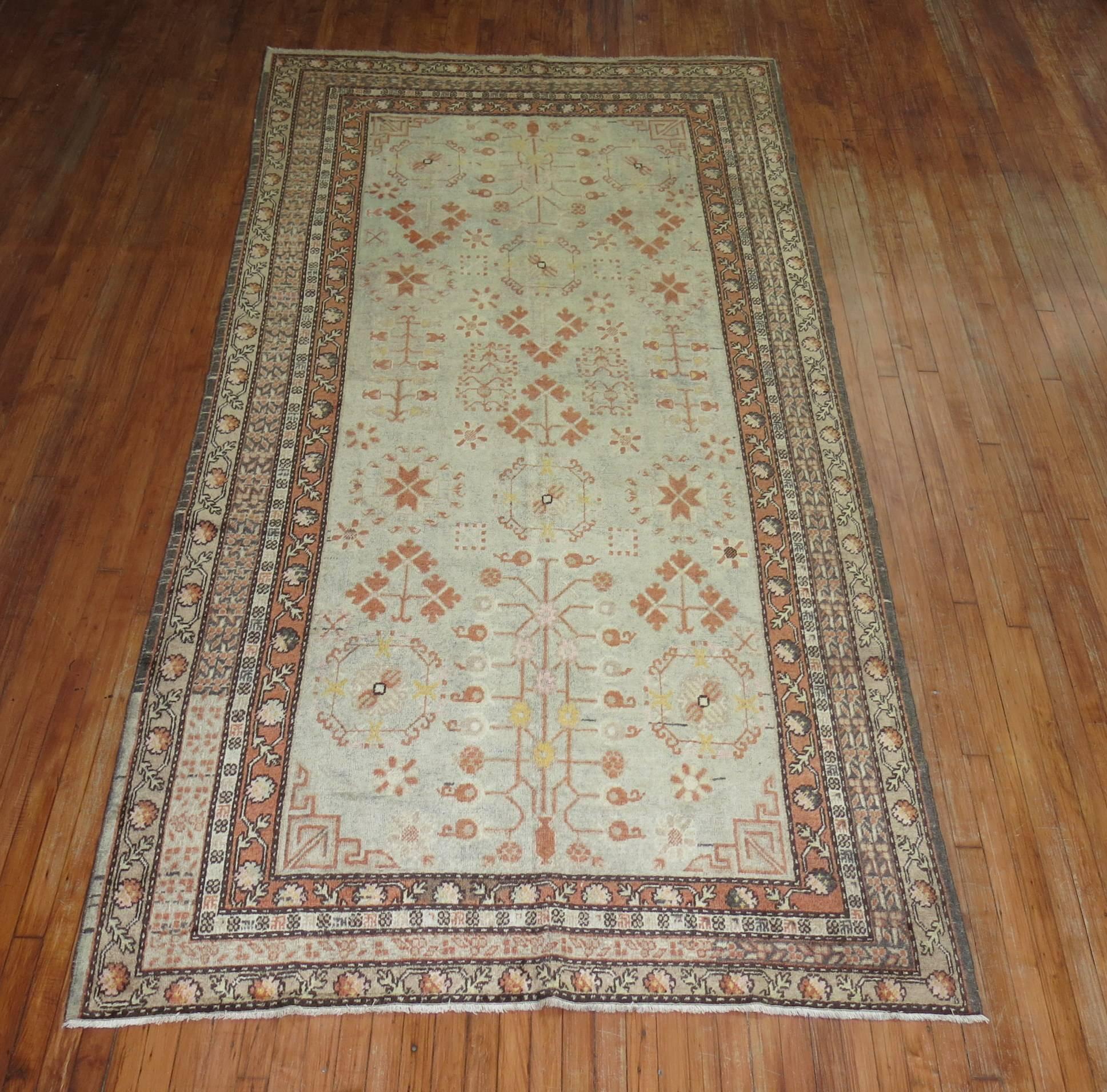 Hand-Woven Ivory Early 20th Century Wool Hand Knotted Khotan Gallery Size Rug For Sale