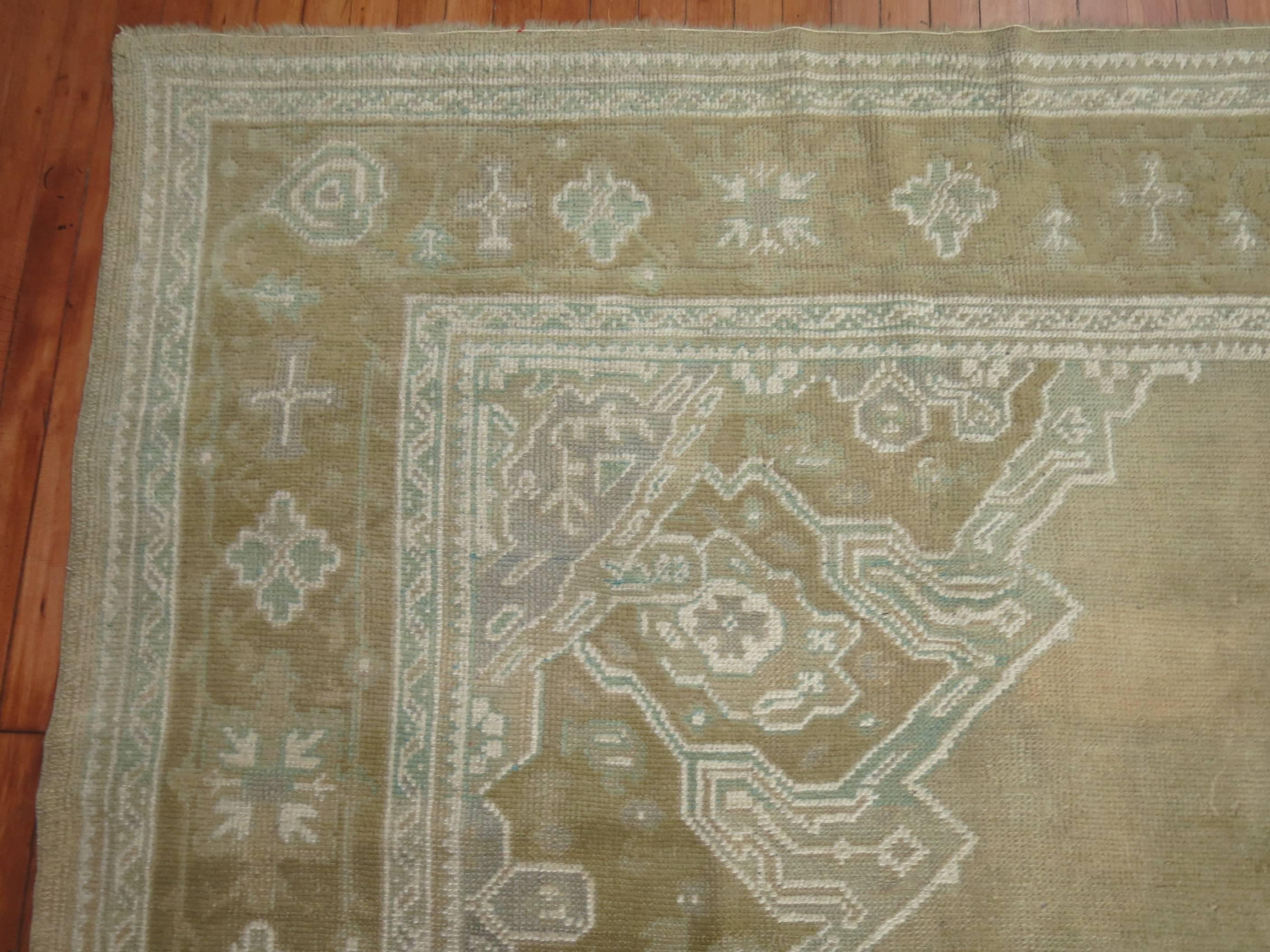 Army Green 20th Century Room Size Hand Knotted Room Size Antique Turkish Oushak 2