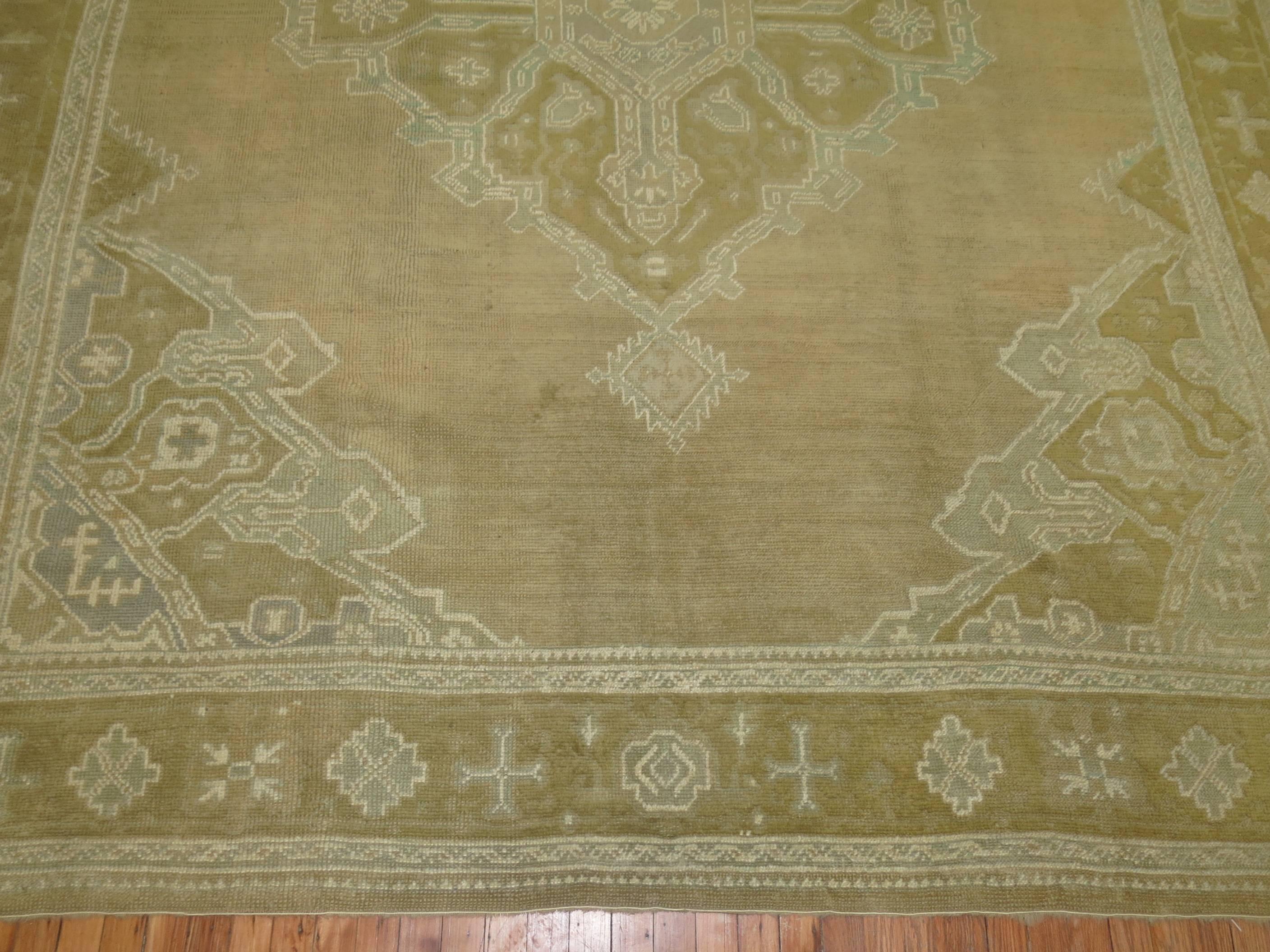 Wool Army Green 20th Century Room Size Hand Knotted Room Size Antique Turkish Oushak