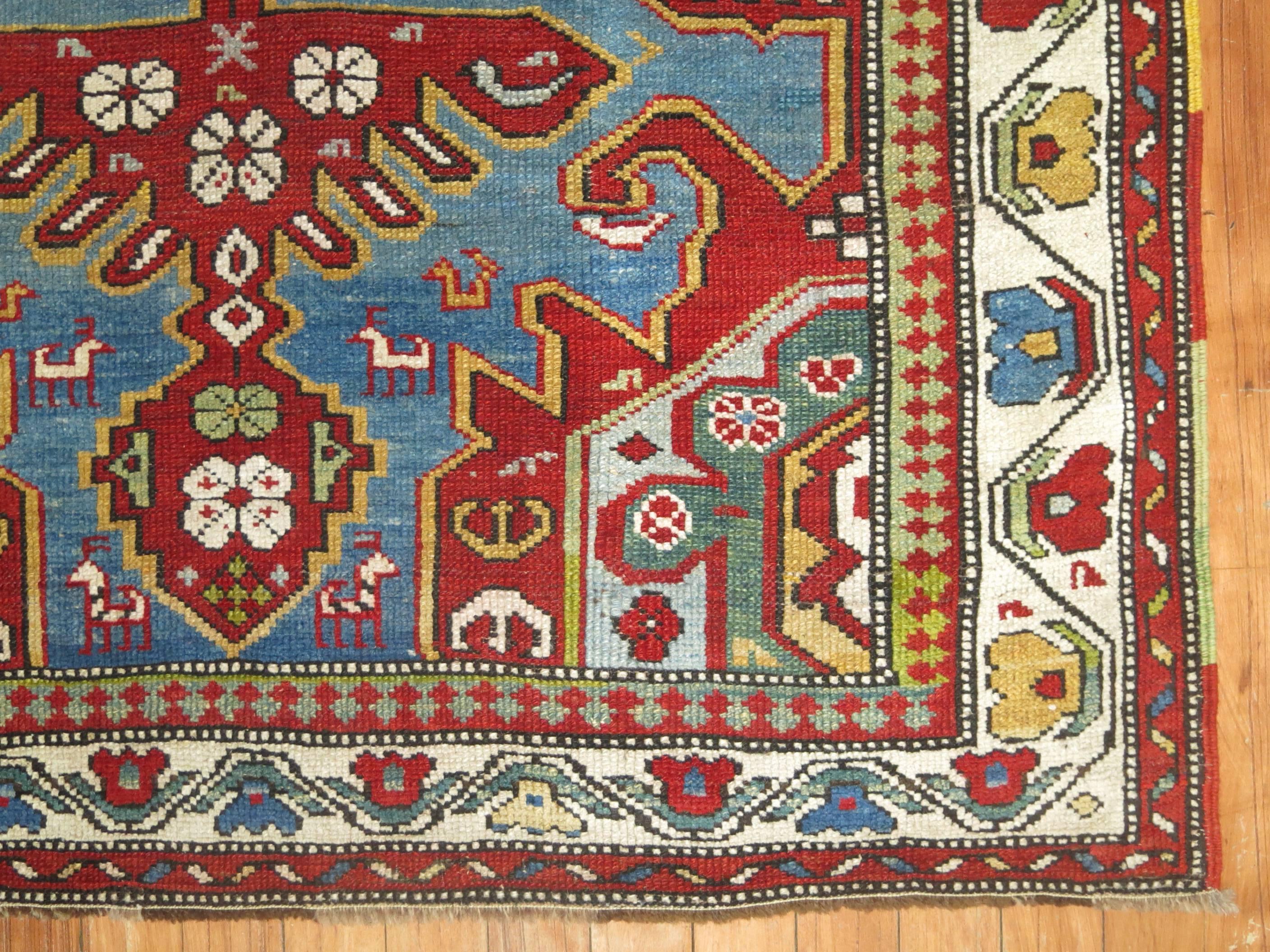 Sky Blue Antique Caucasian Rug 1