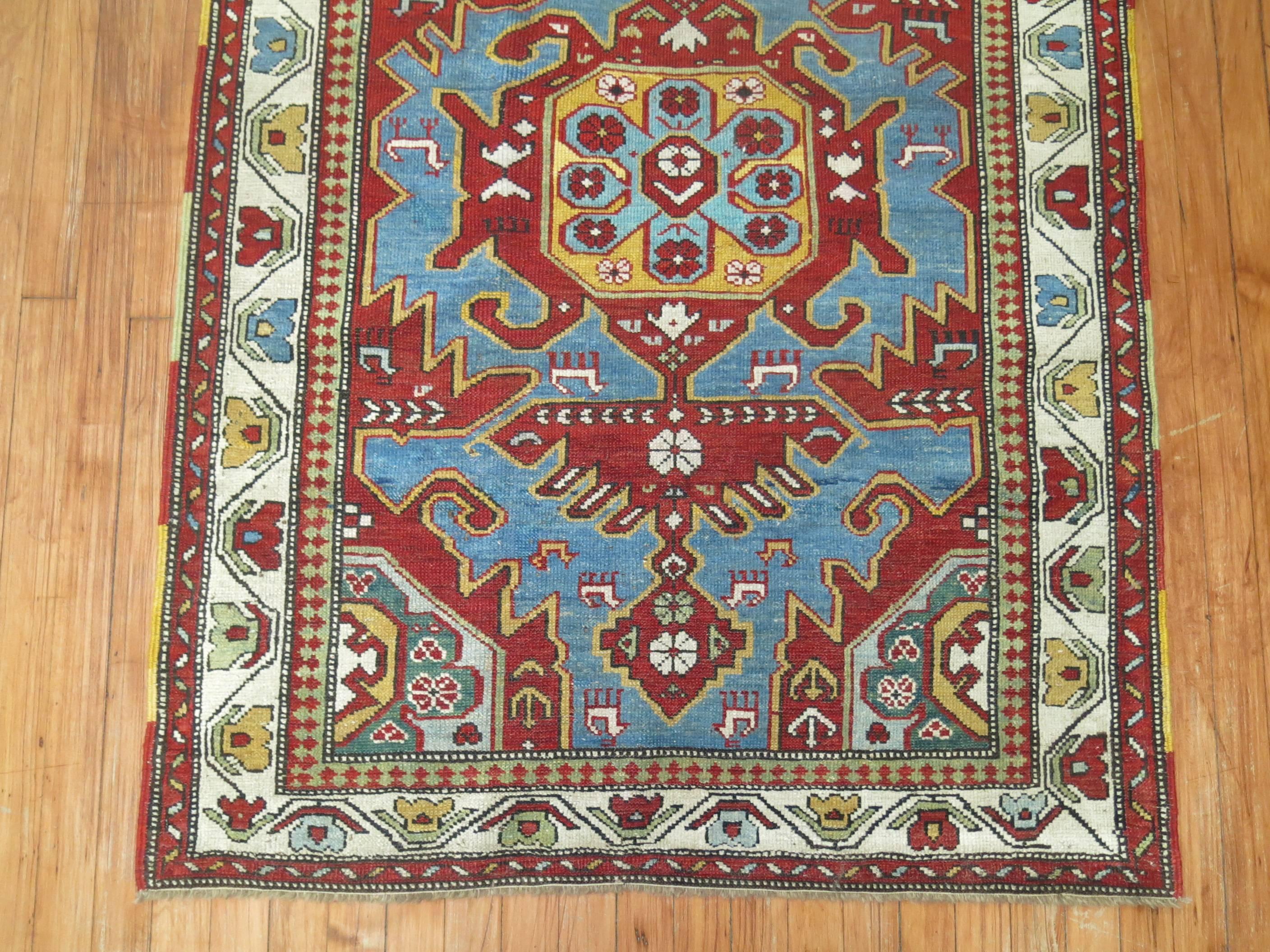 Hand-Knotted Sky Blue Antique Caucasian Rug