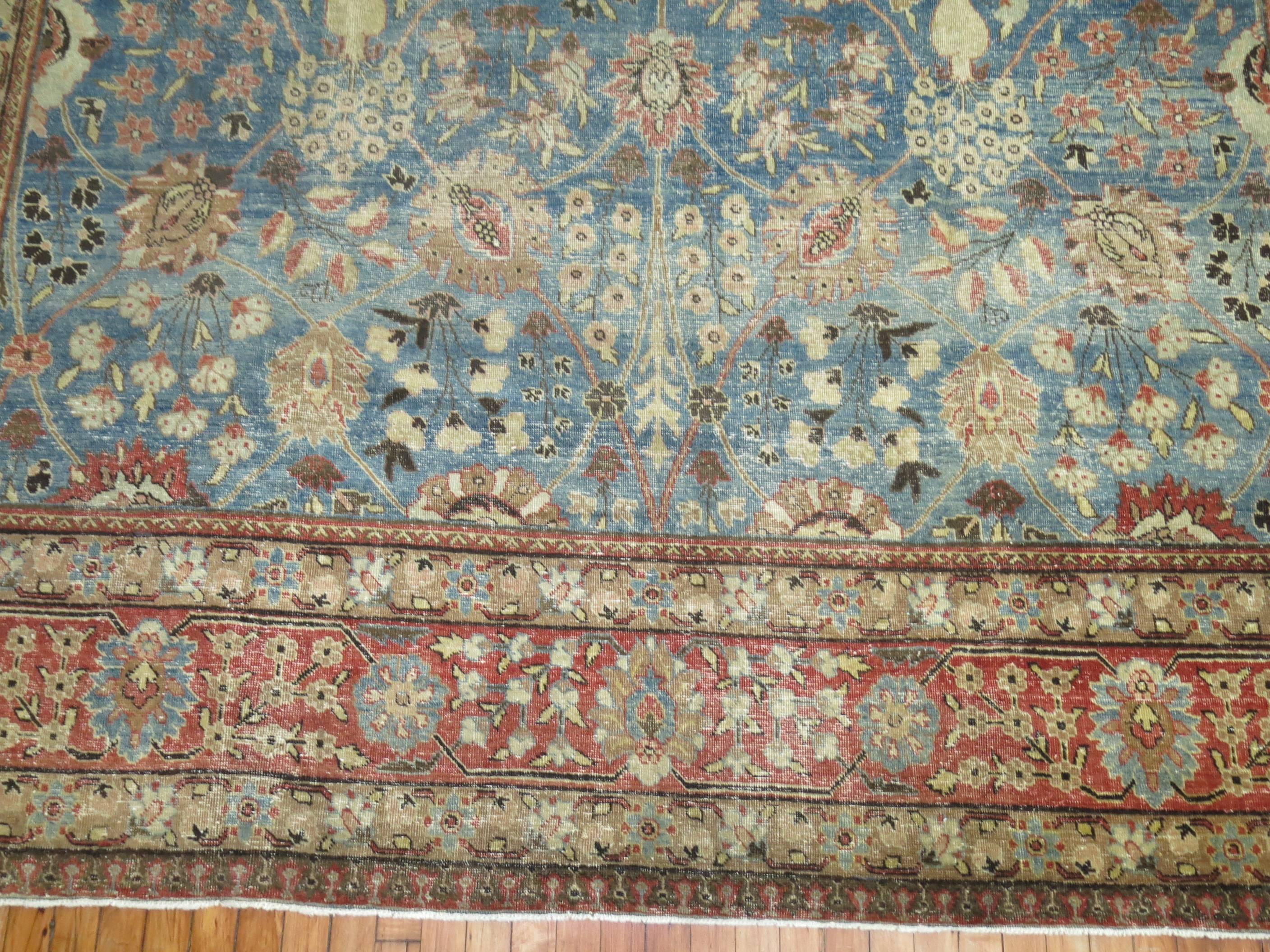 Classic Blue Antique Persian Tabriz Rug In Fair Condition In New York, NY