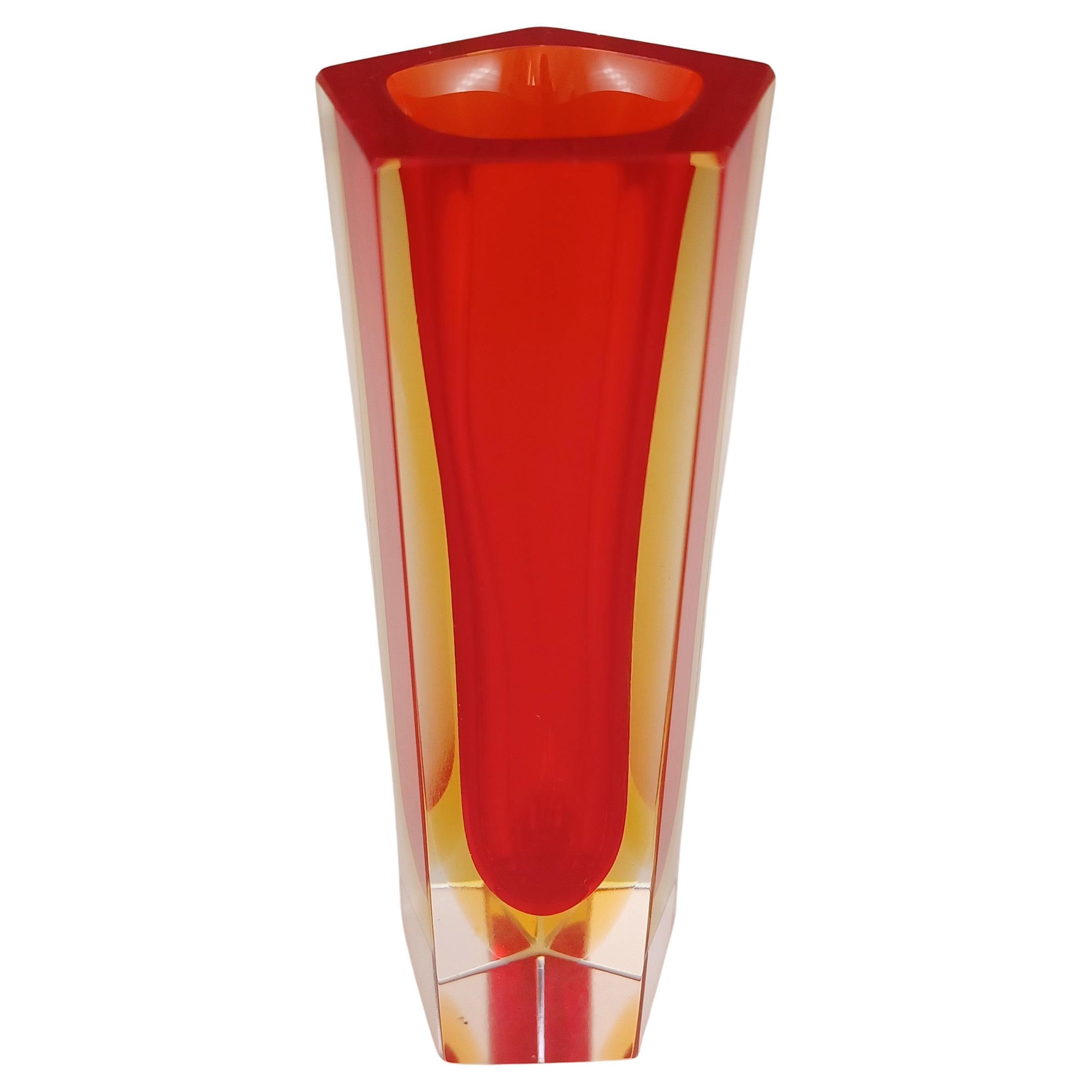Murano Faceted Red & Amber Sommerso Glass Block Vase