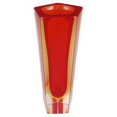 Murano Faceted Red & Amber Sommerso Glass Block Vase