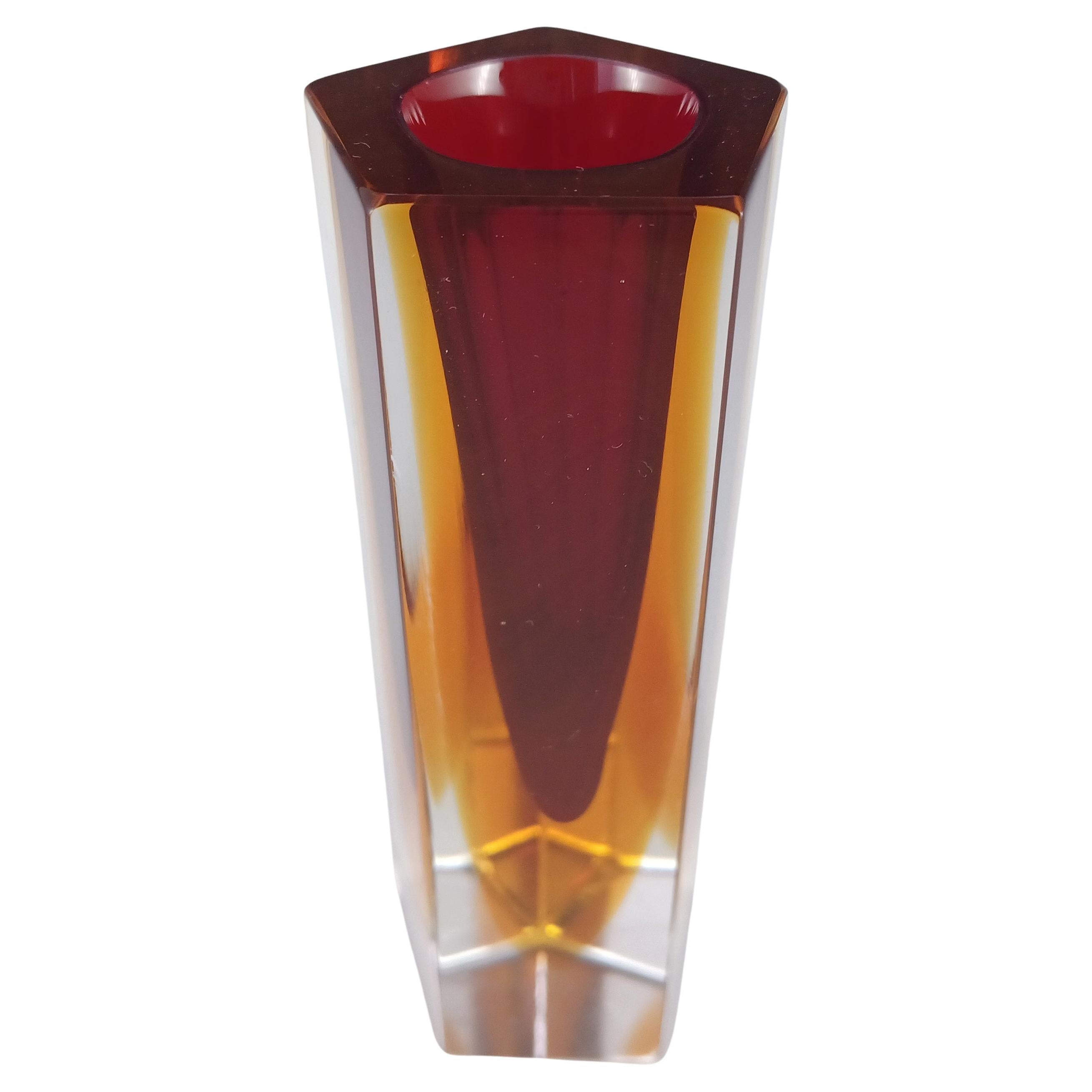 Murano Facettiertes Rot & Bernstein Sommerso Glas Venezianische Vase