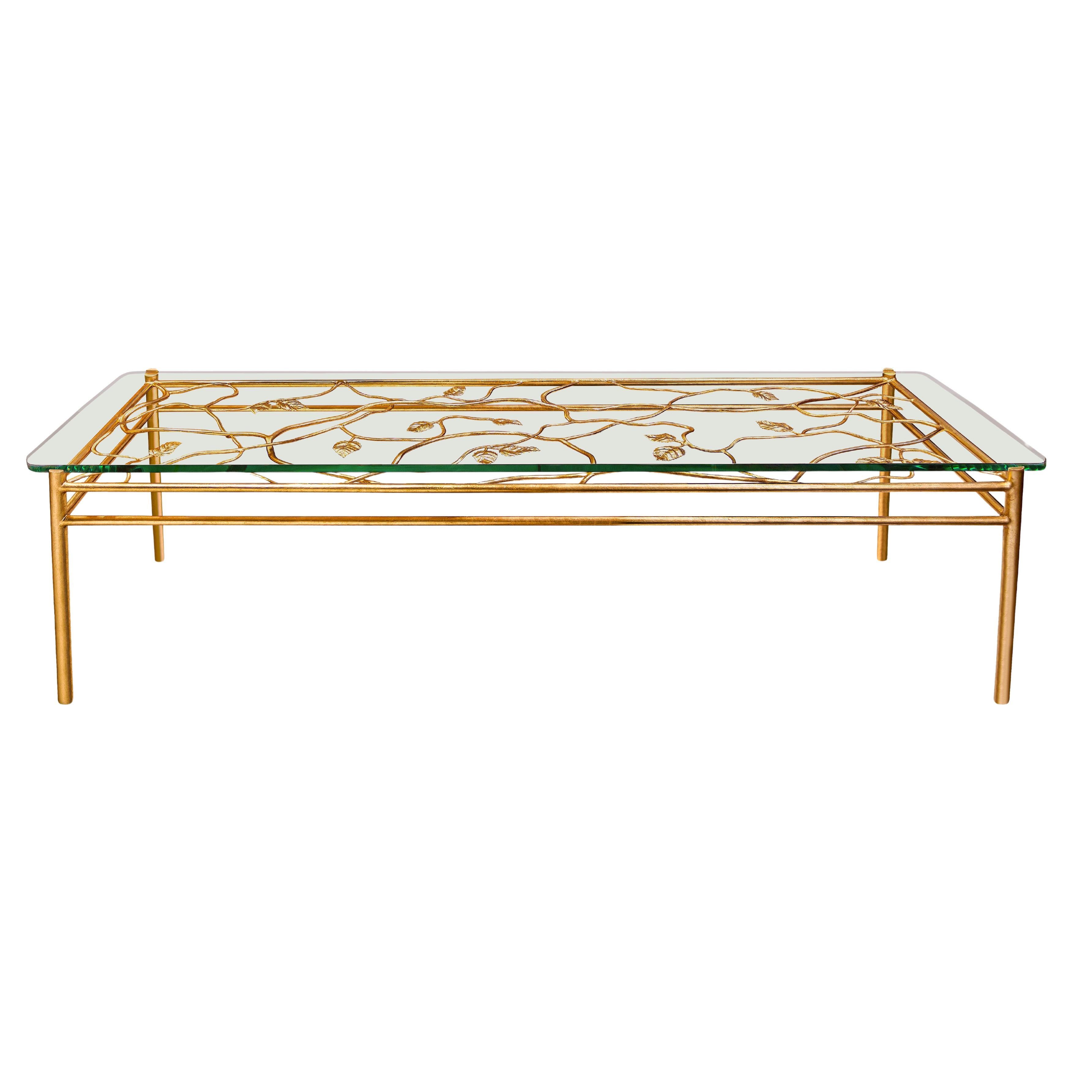 Table basse Appian en édition limitée, dorée en or 23 carats avec plateau en verre en vente