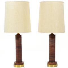 Pair of Table Lamps with Leather Bases