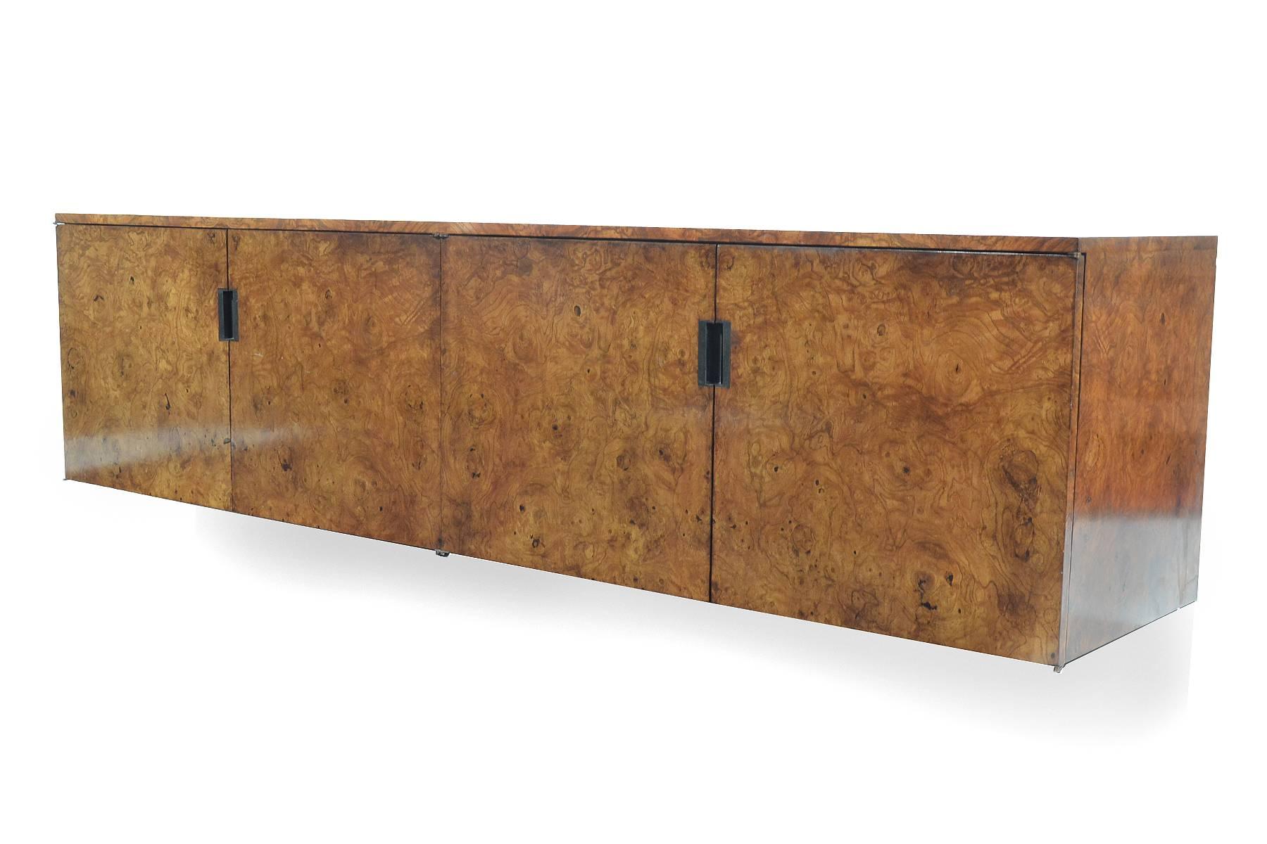 Mid-Century Modern Roger Sprunger Burled Wood Wall-Mounted Credenza by Dunbar