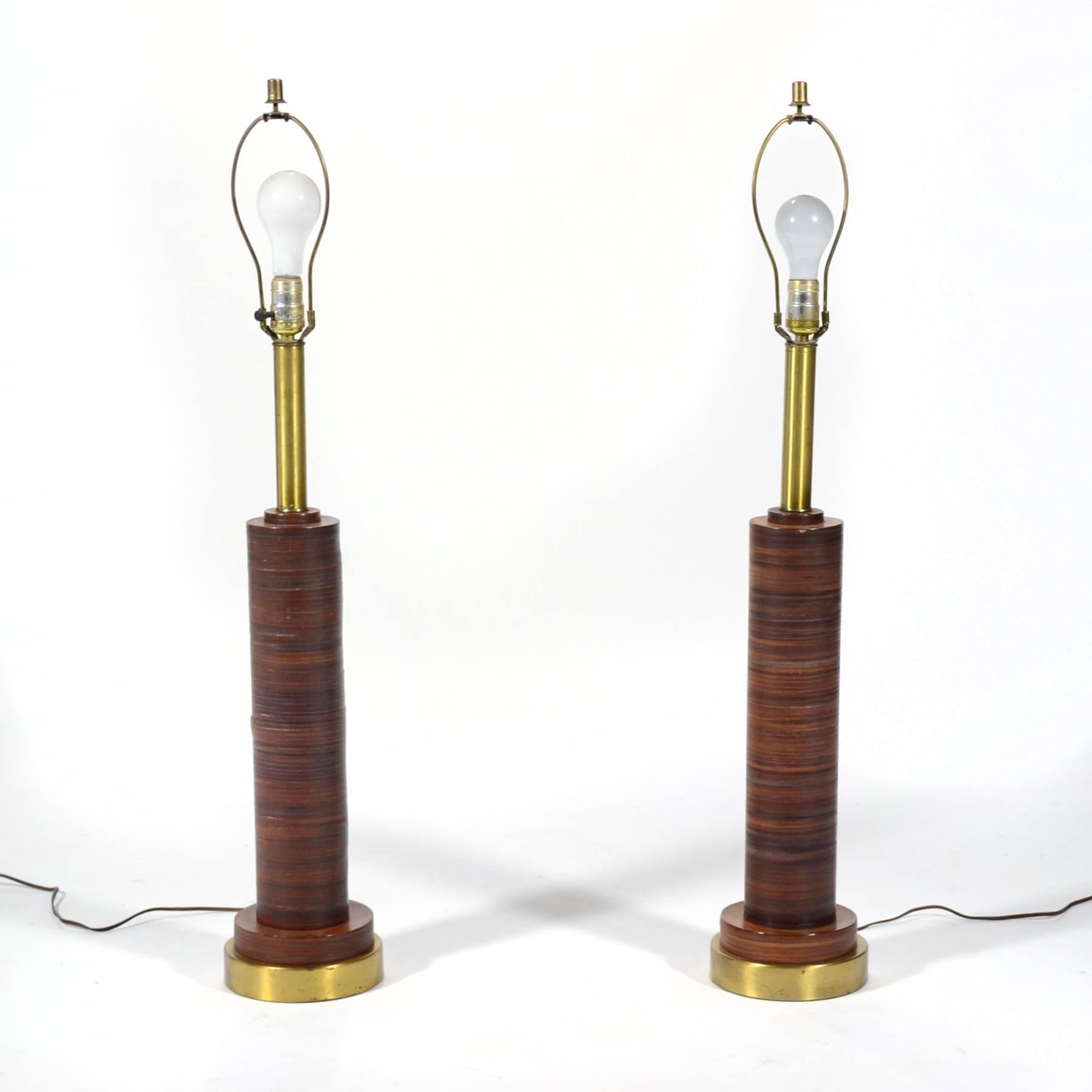 Mid-Century Modern Pair of Table Lamps with Leather Bases
