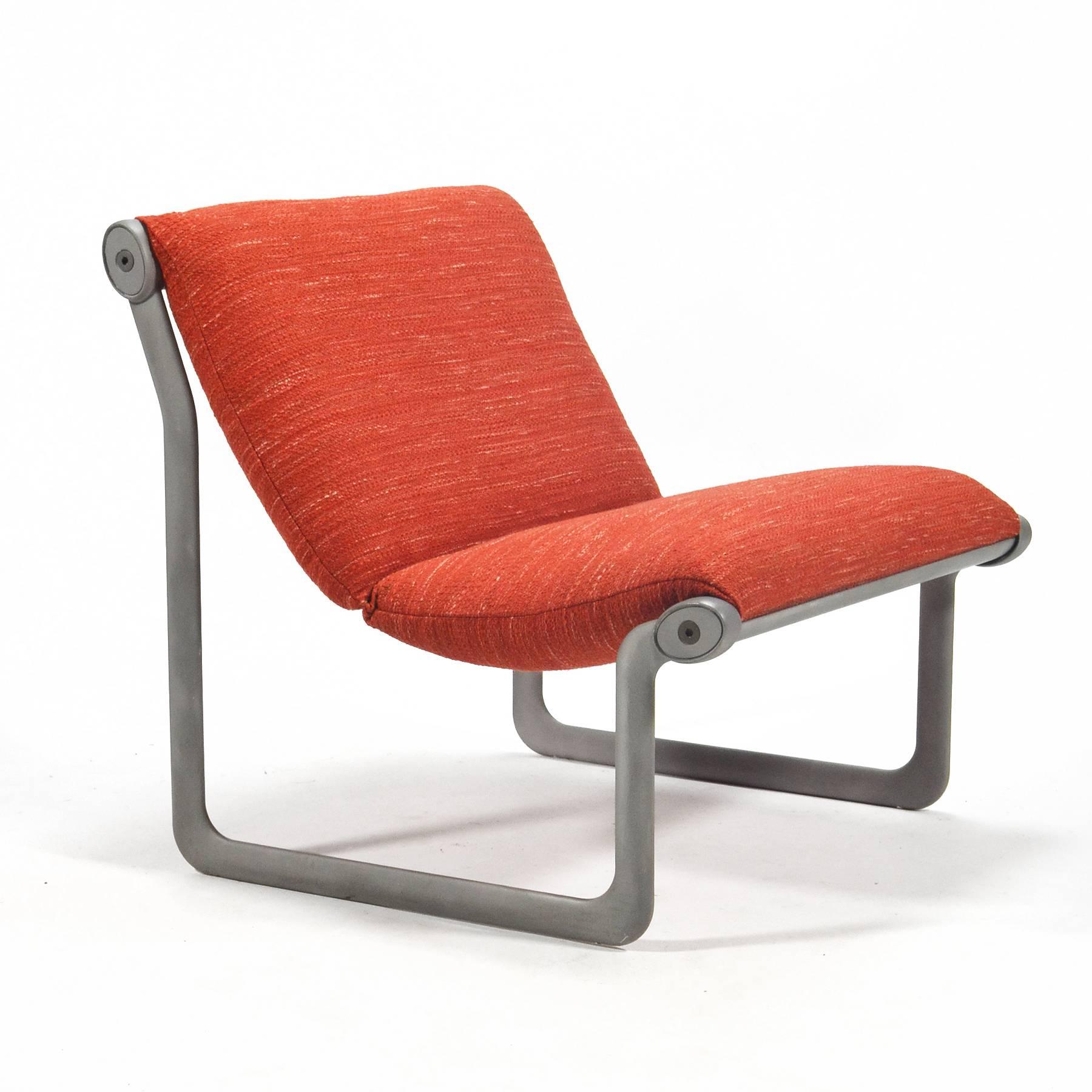 An innovative chair designed in 1971 by Bruce Hannah and Andrew Morrison for Knoll, the sling seat is suspended by a cast aluminum frame. We have three or four lounge chairs and one two seat sofa available which can be upholstered in the fabric of