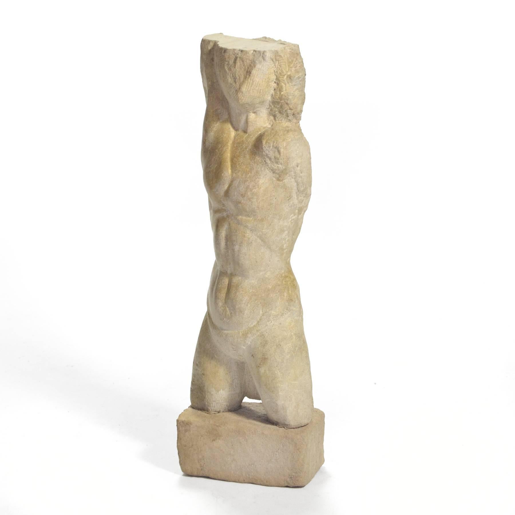 This powerful hand-carved stone sculpture in the form of a torso is signed with initials and dated 1966. It appears to be carved of Indiana limestone, which would make sense as this piece was discovered in a NW Indiana barn about an hour away from
