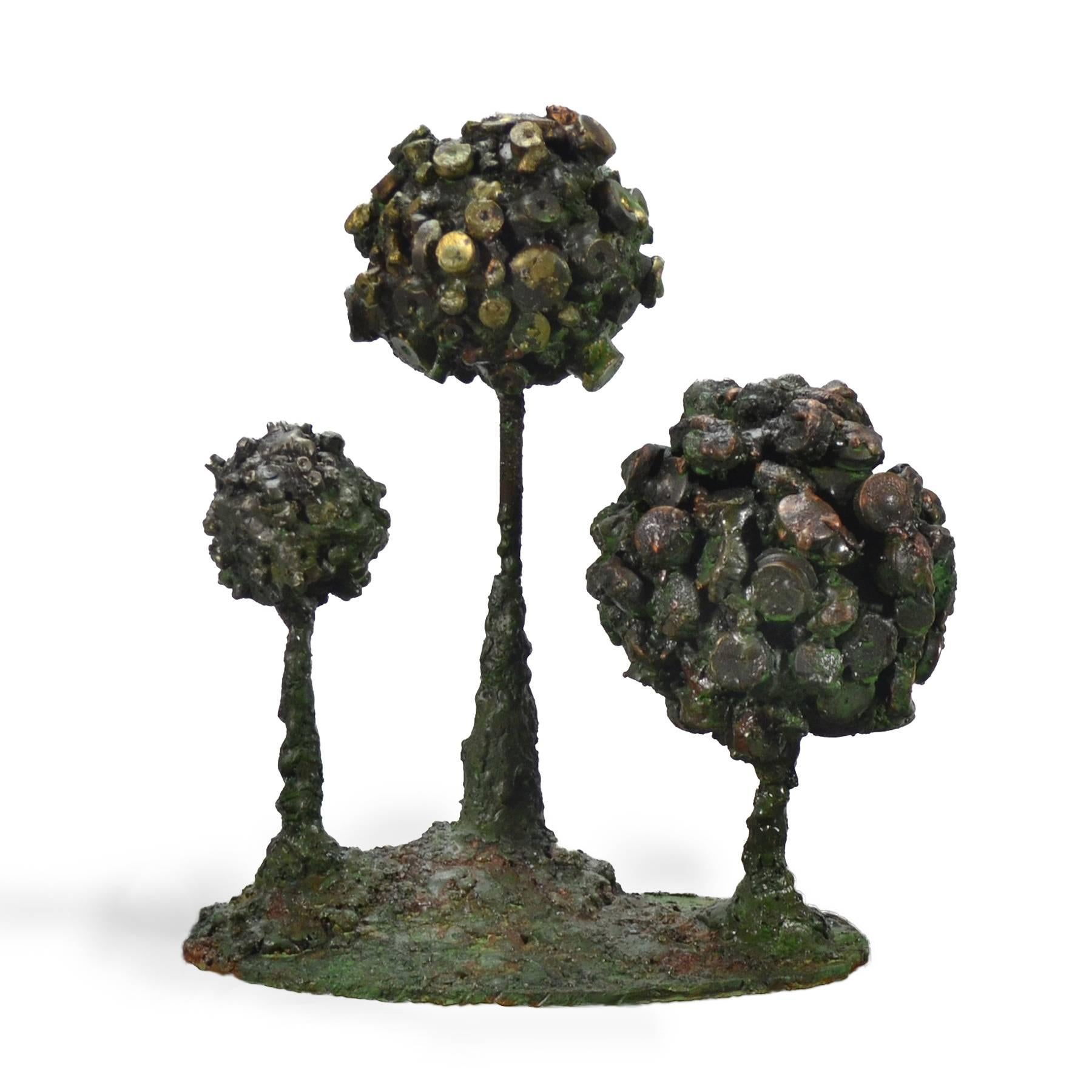 This delightful Brutalist sculpture by James Bearden is also a functional piece with a concealed trinket box in the largest of the “Pod” forms. It is crafted of patinated steel with fused bronze and glass enamel elements and has a wonderful visceral