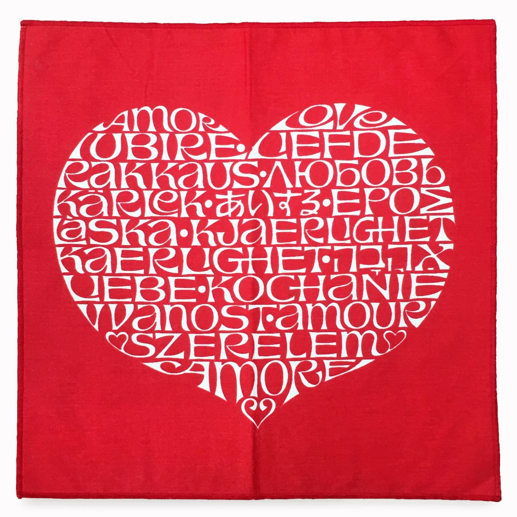 Girard's International heart features the word LOVE in 19 languages and was designed in 1961 for the Textile and objects shop which Alexander Girard created for Herman Miller as a boutique showroom of textiles designed by Girard and a selection of