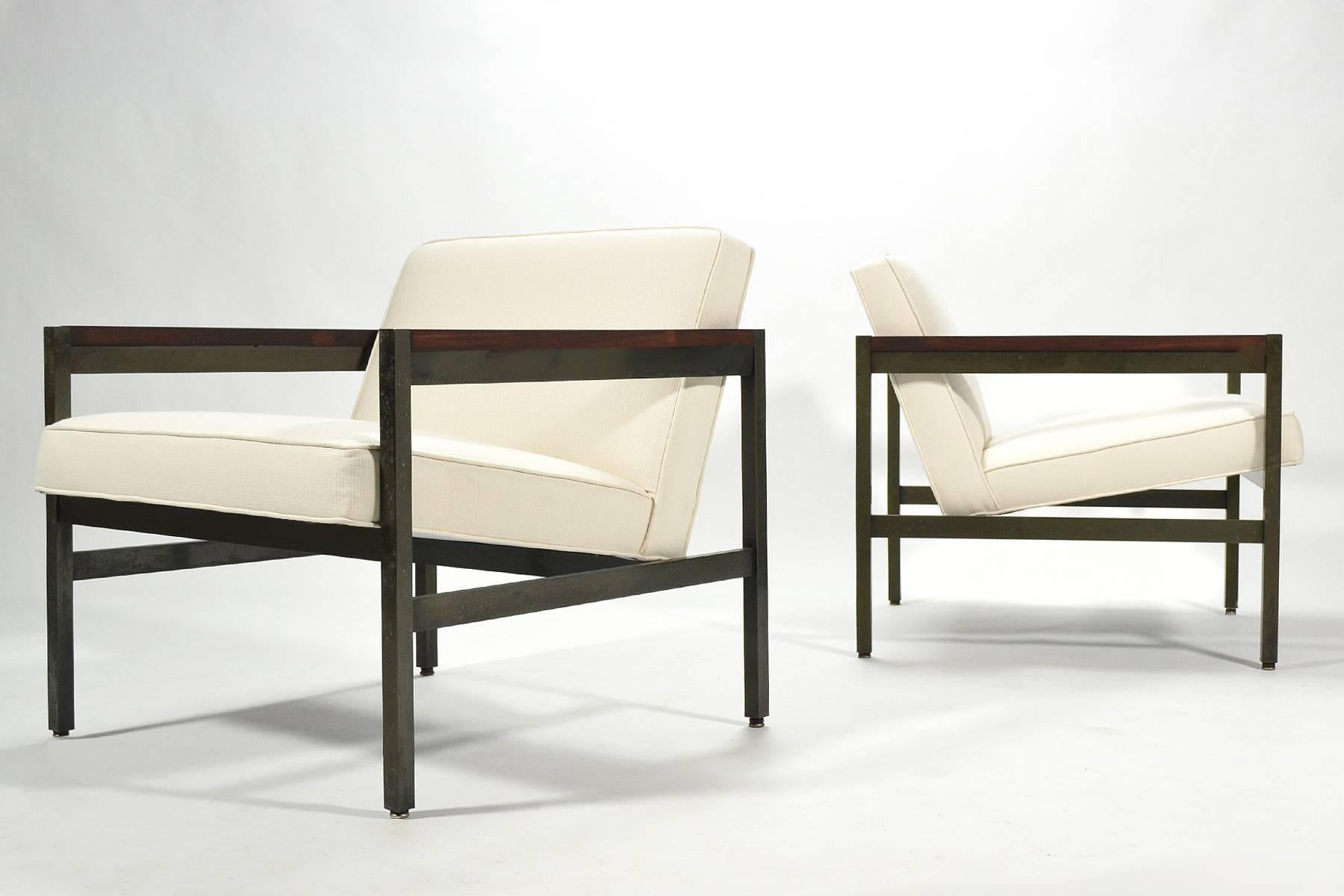 American Michael Taylor Pair of Bronze Framed Lounge Chairs by Baker