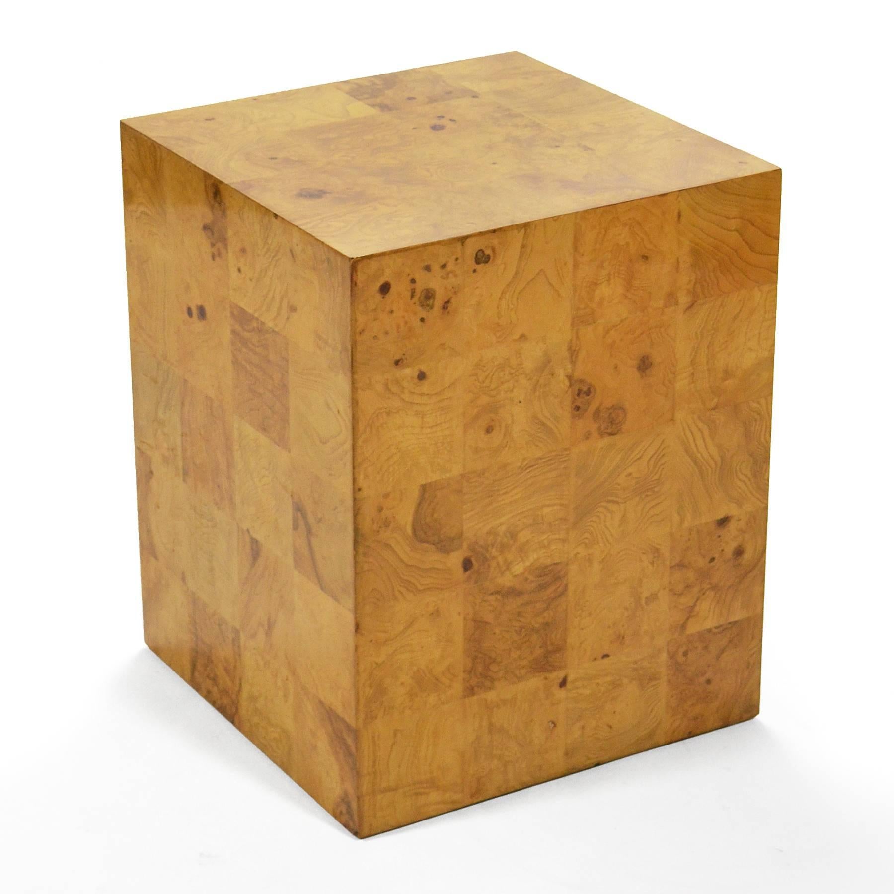 American Milo Baughman Burl Patchwork Pedestal/ End Table by Thayer Coggin For Sale