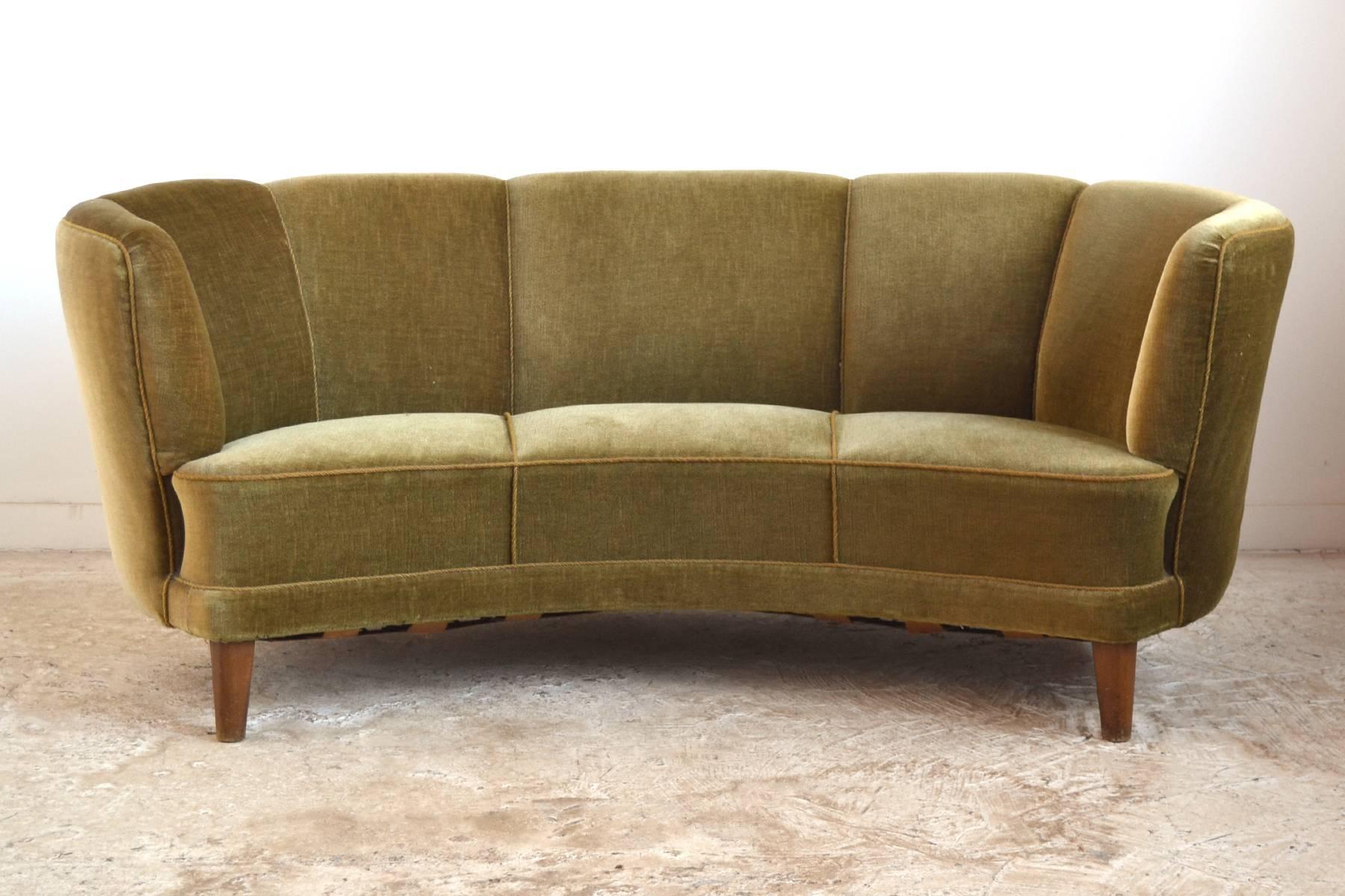 Upholstery Swedish, 1940s Curved Velvet Sofa