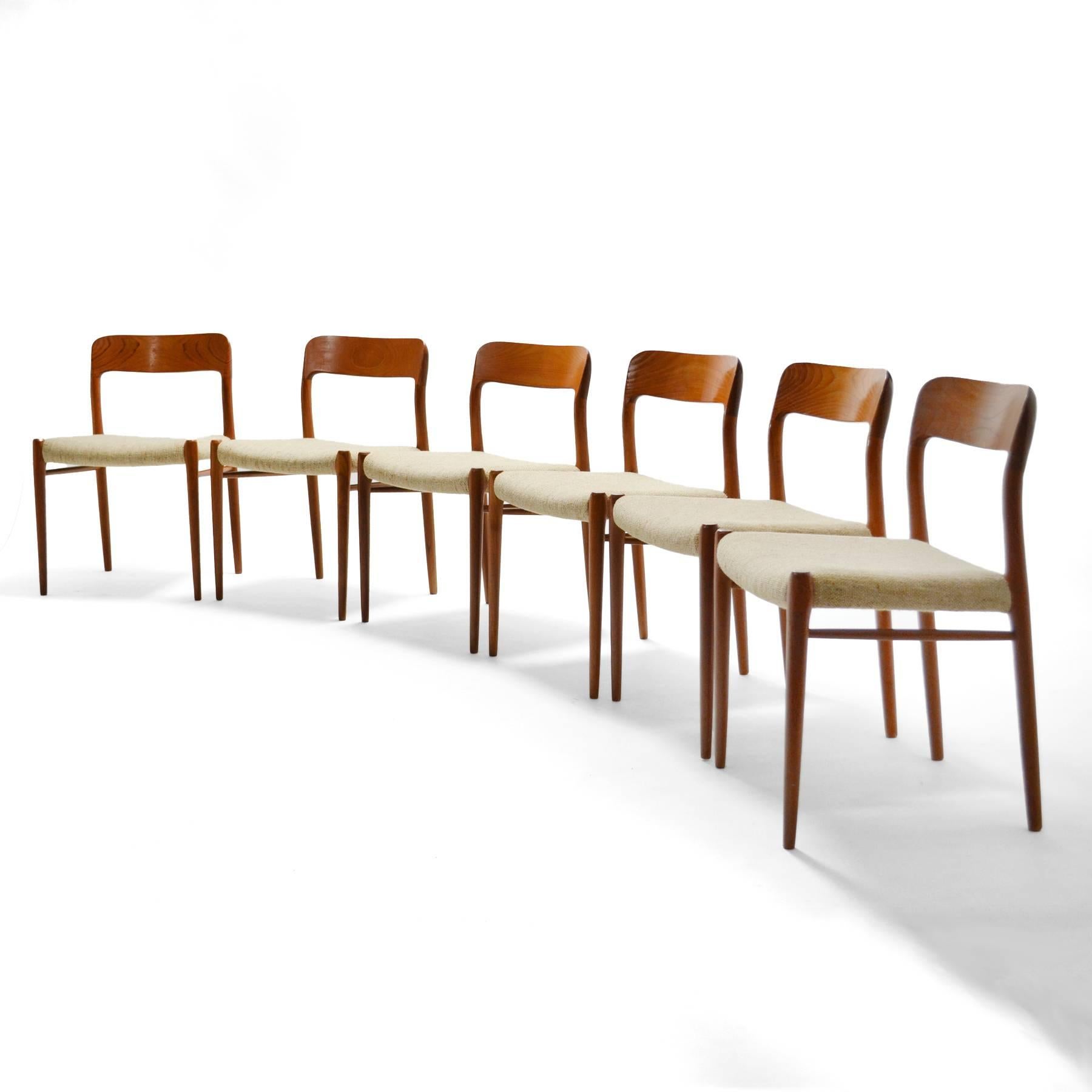 An exceptional set of Niels O. Møller model 75 chairs in rich teak by J.L. Møllers Møbelfabrik.