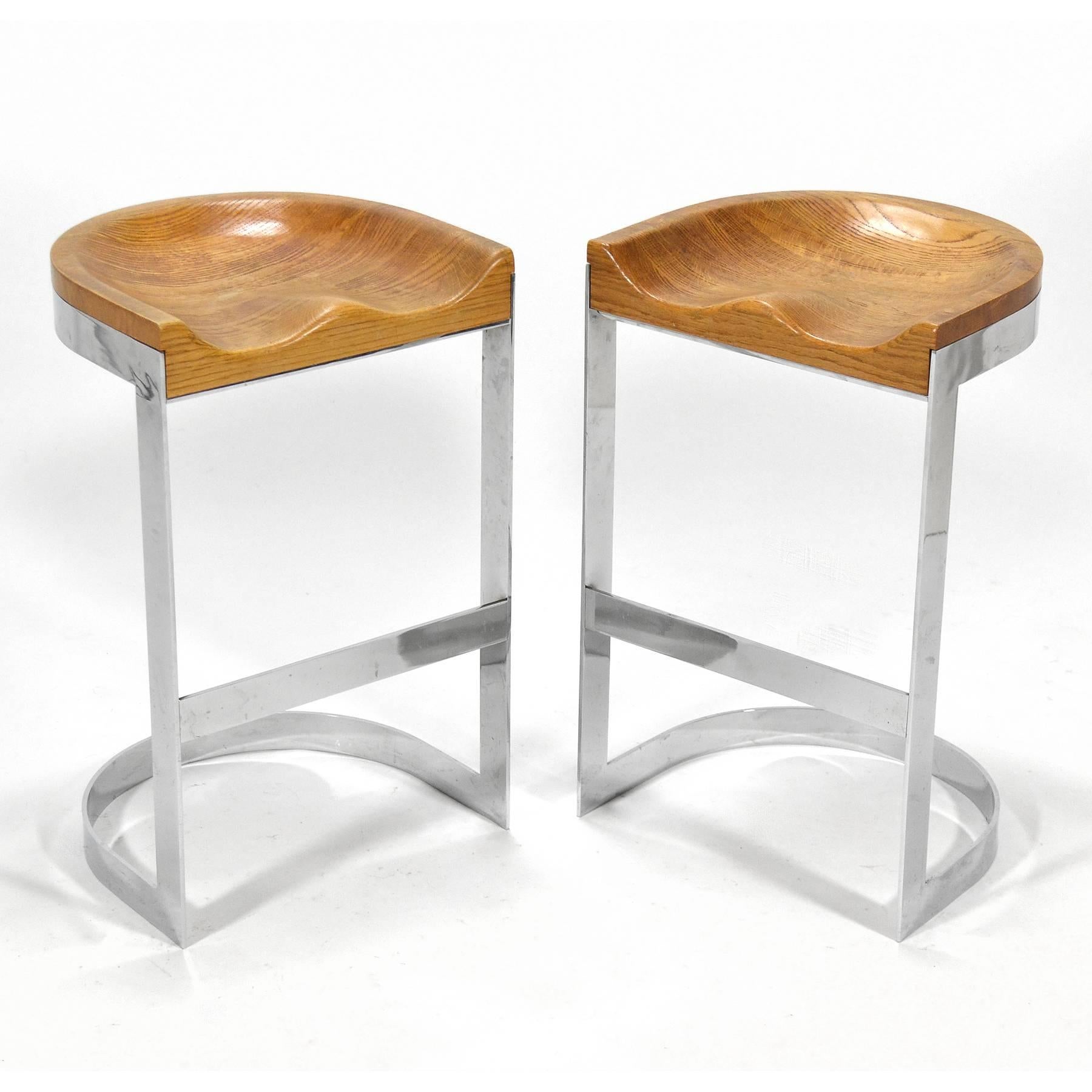 Mid-Century Modern Pair of Warren Bacon Oak and Chrome Counter Stools