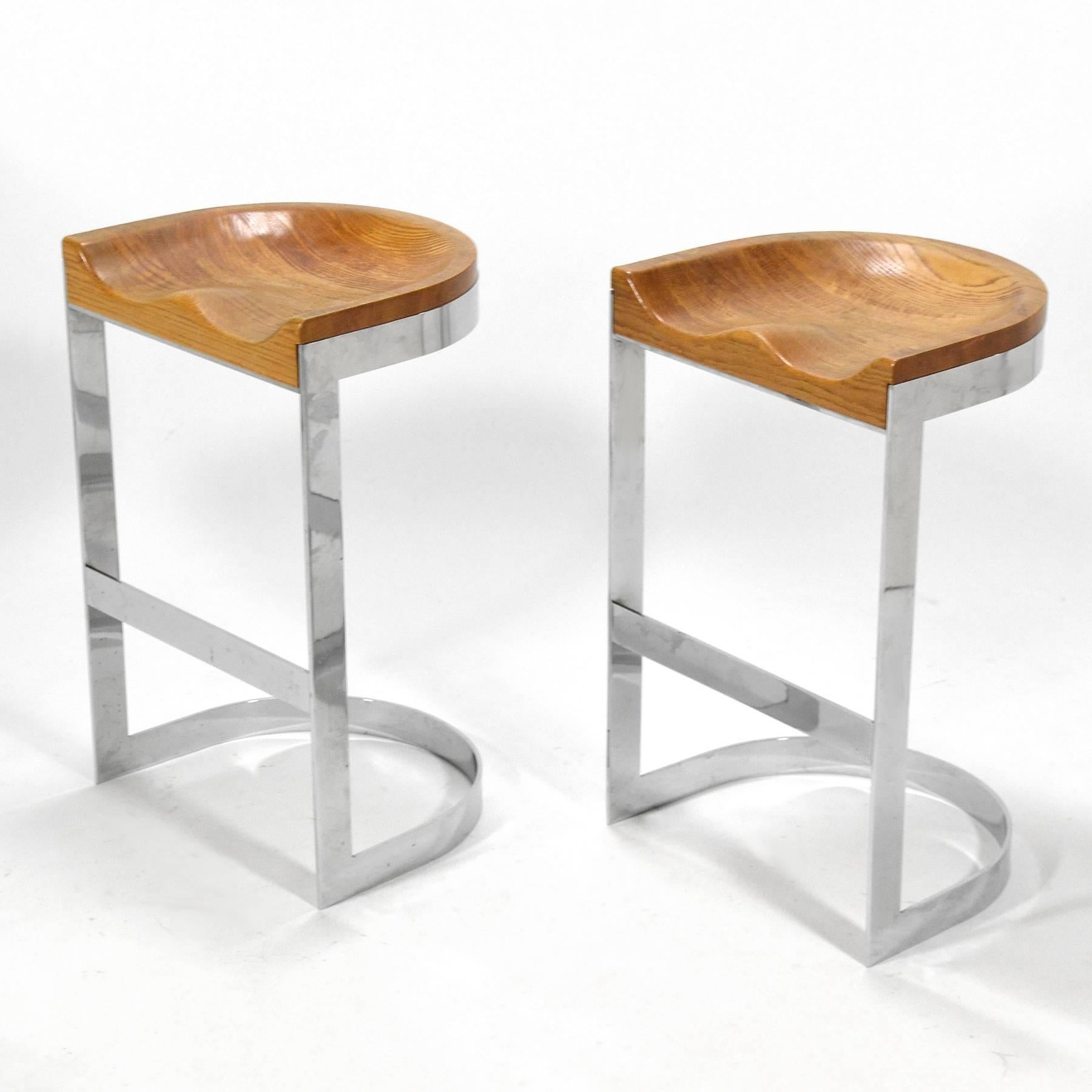 American Pair of Warren Bacon Oak and Chrome Counter Stools