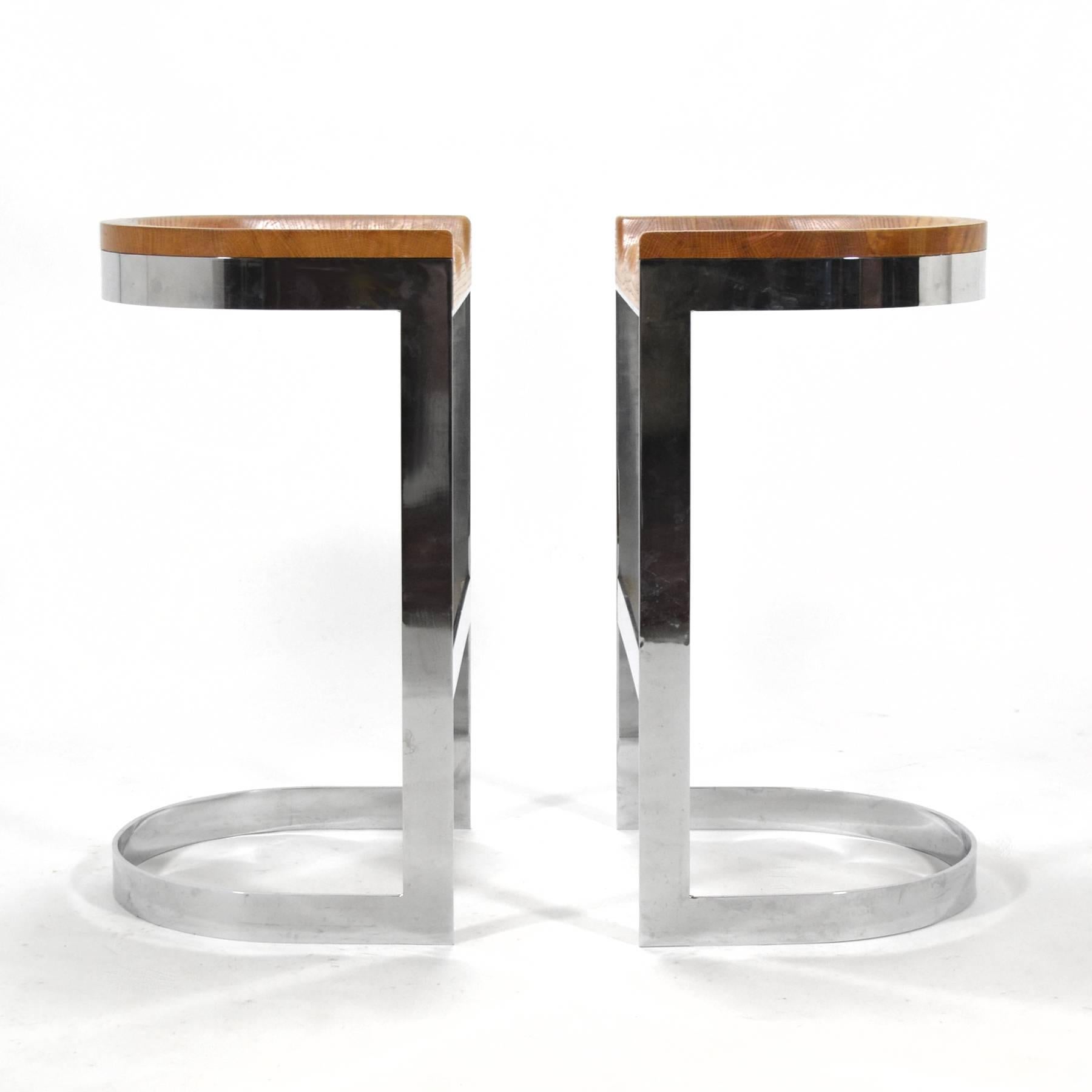 Plated Pair of Warren Bacon Oak and Chrome Counter Stools