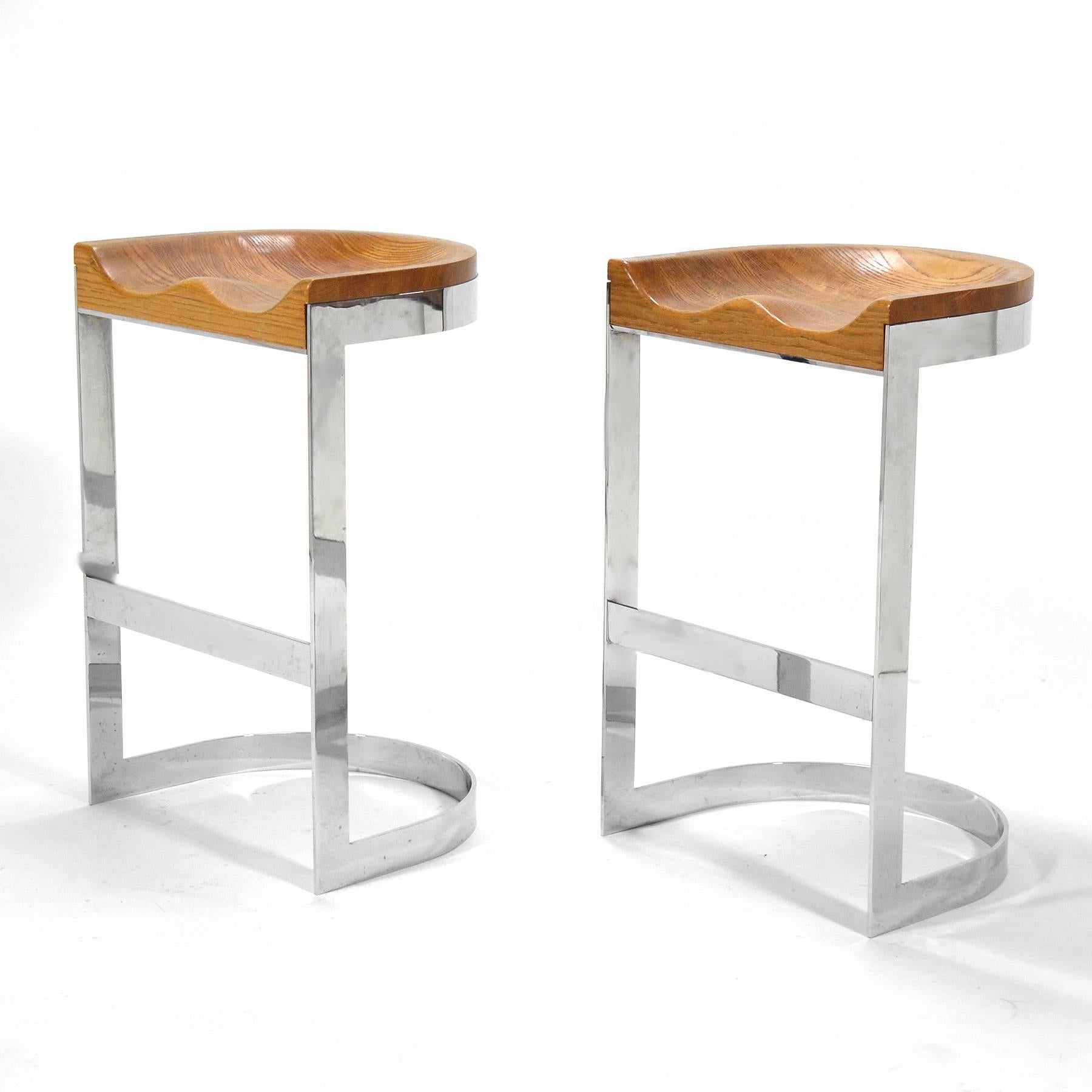 Late 20th Century Pair of Warren Bacon Oak and Chrome Counter Stools
