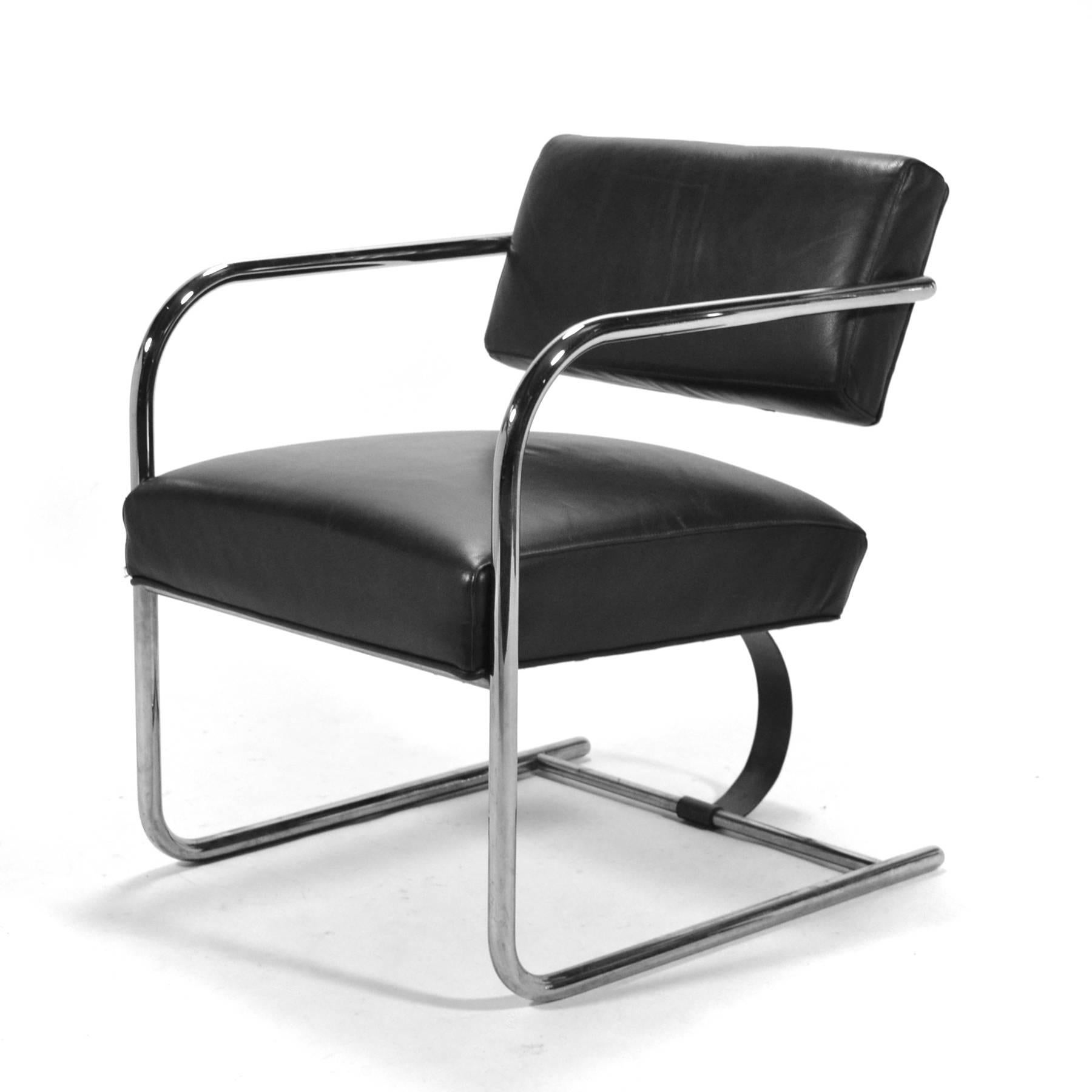 This 1936 design by important modernist architect Richard Neutra was designed to furnish the homes he designed and was used in several important commissions. This example from a later re-edition is upholstered in black leather and in in very good