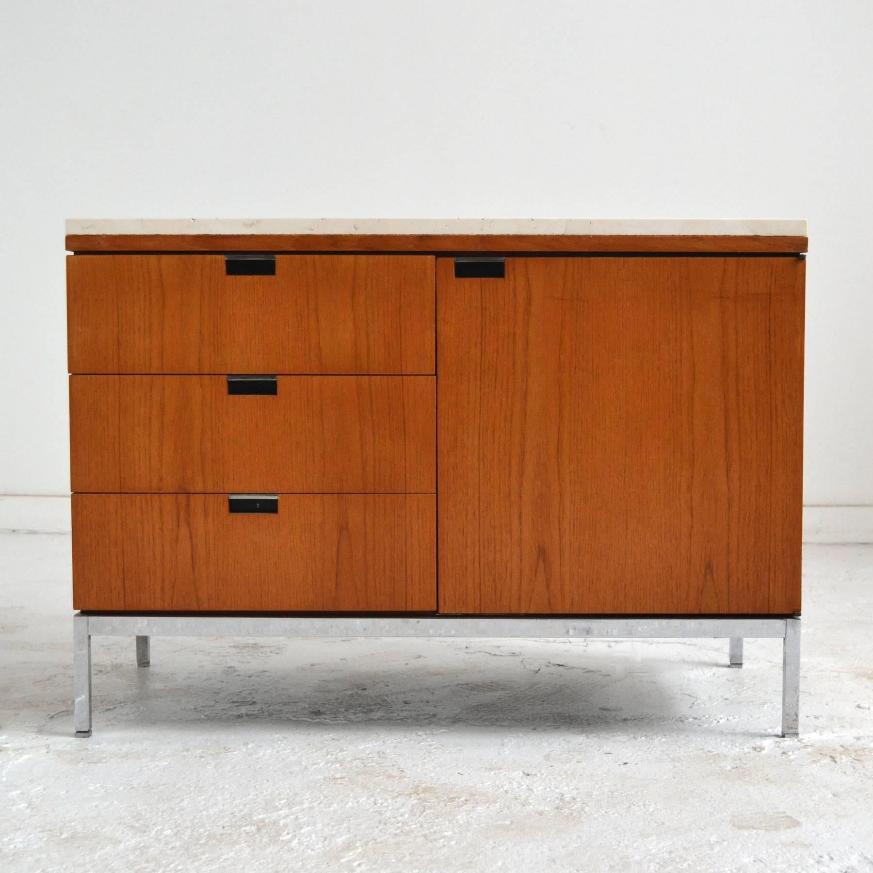 Mid-Century Modern Florence Knoll Teak Credenzas with Travertine Tops