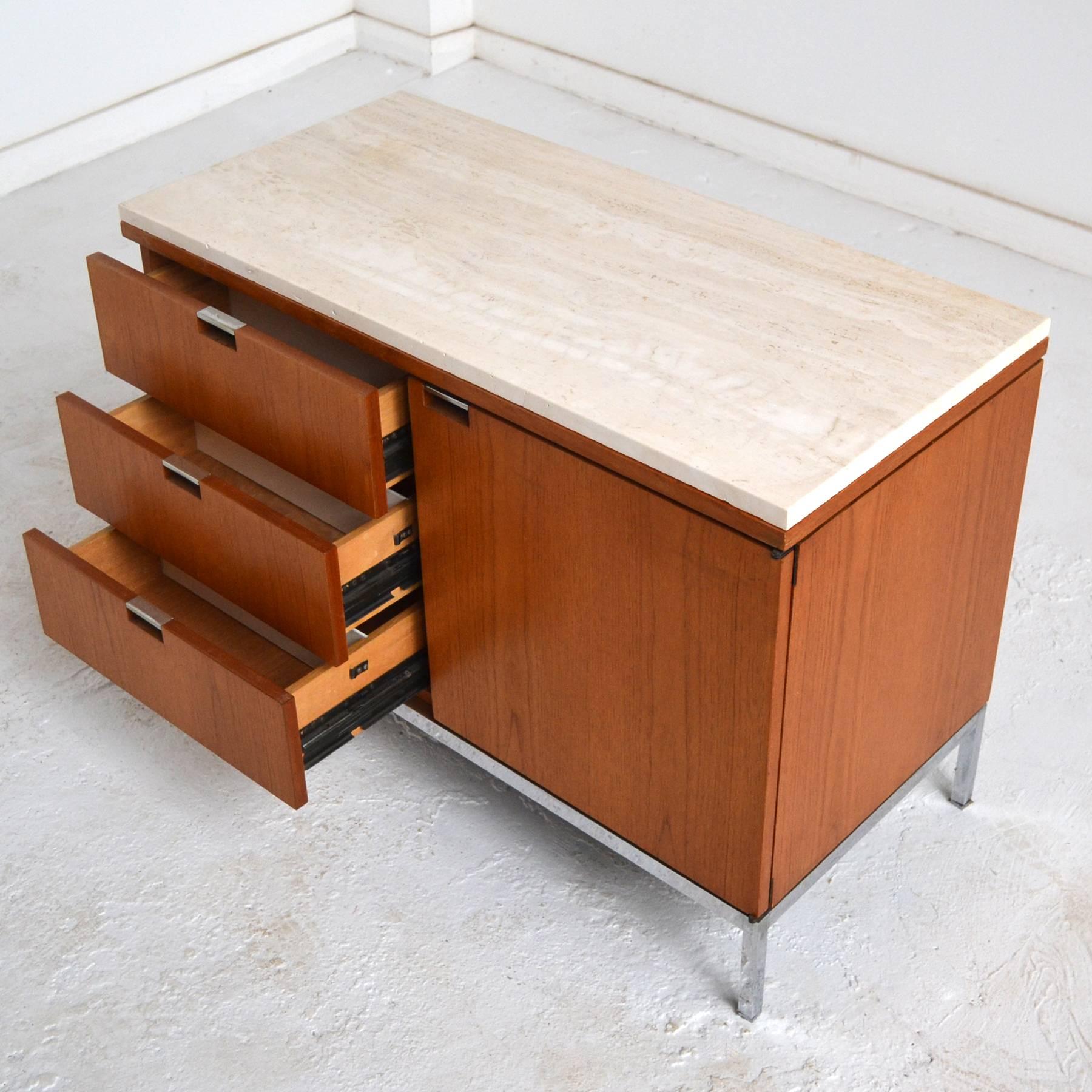Plated Florence Knoll Teak Credenzas with Travertine Tops