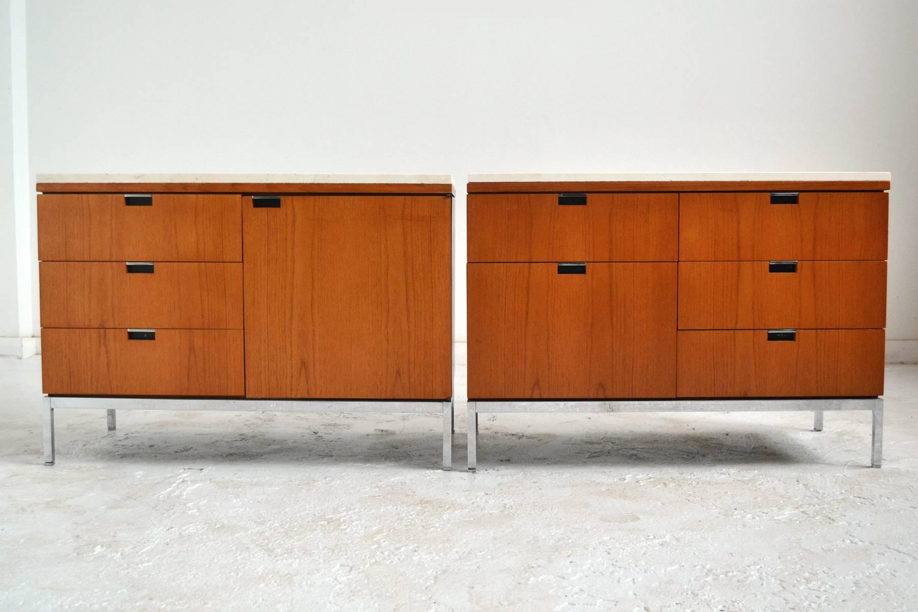 Florence Knoll Teak Credenzas with Travertine Tops In Excellent Condition In Highland, IN