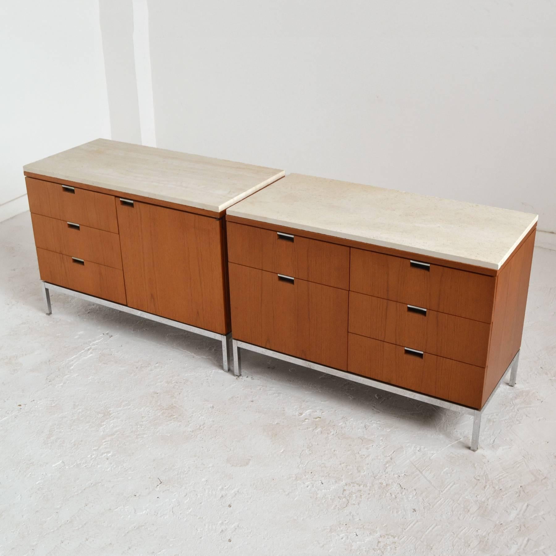 Mid-20th Century Florence Knoll Teak Credenzas with Travertine Tops