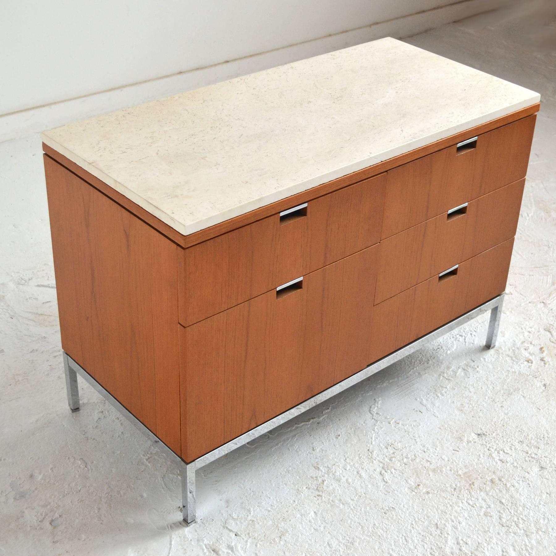 Steel Florence Knoll Teak Credenzas with Travertine Tops