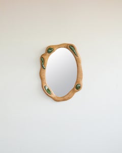 Oval Sculptural Mirror in Red Oak and Glazed Ceramic - Wavy Mirror