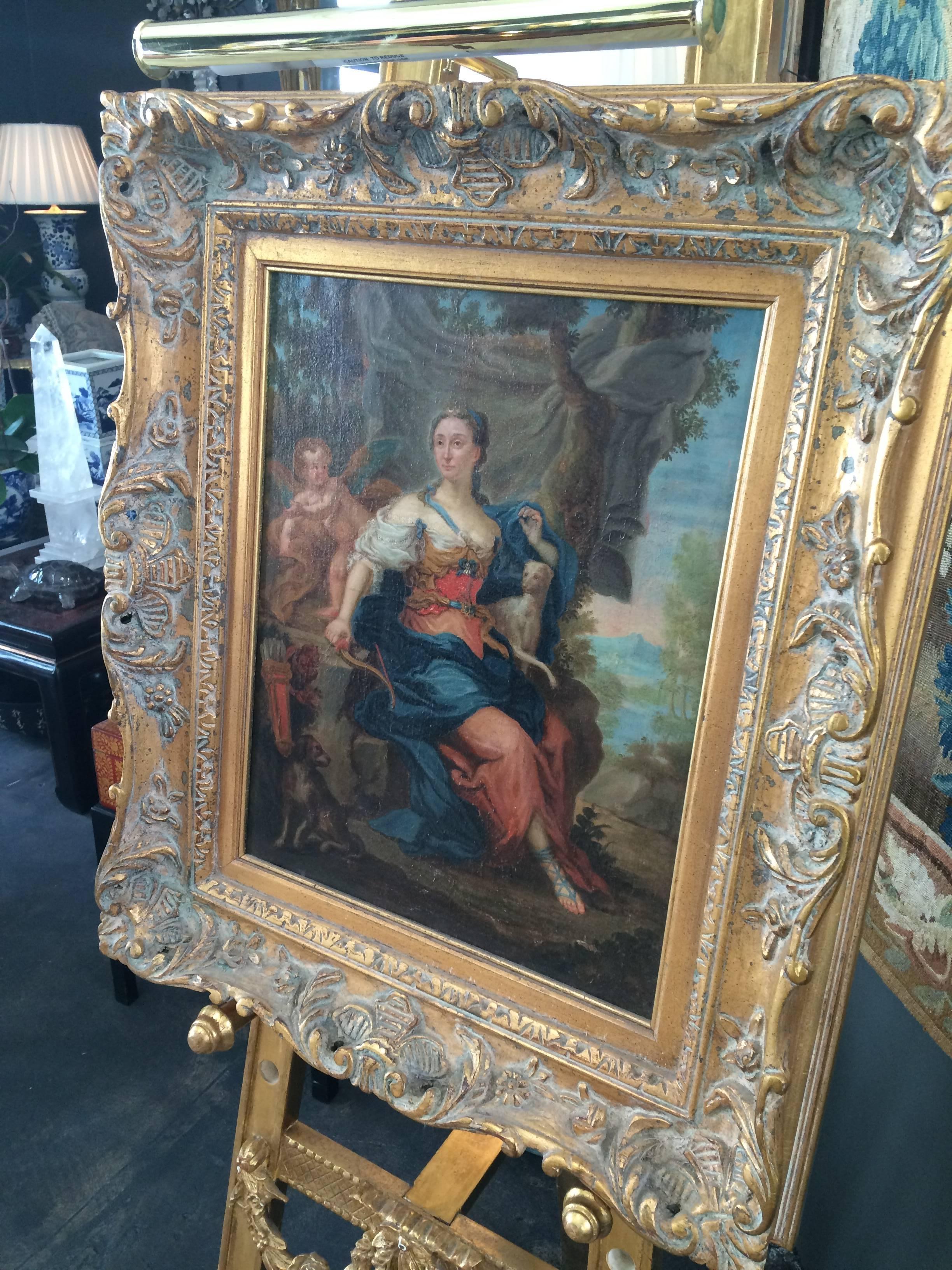 Européen Peinture à l'huile sur toile de Diane, déesse de la chasse en vente