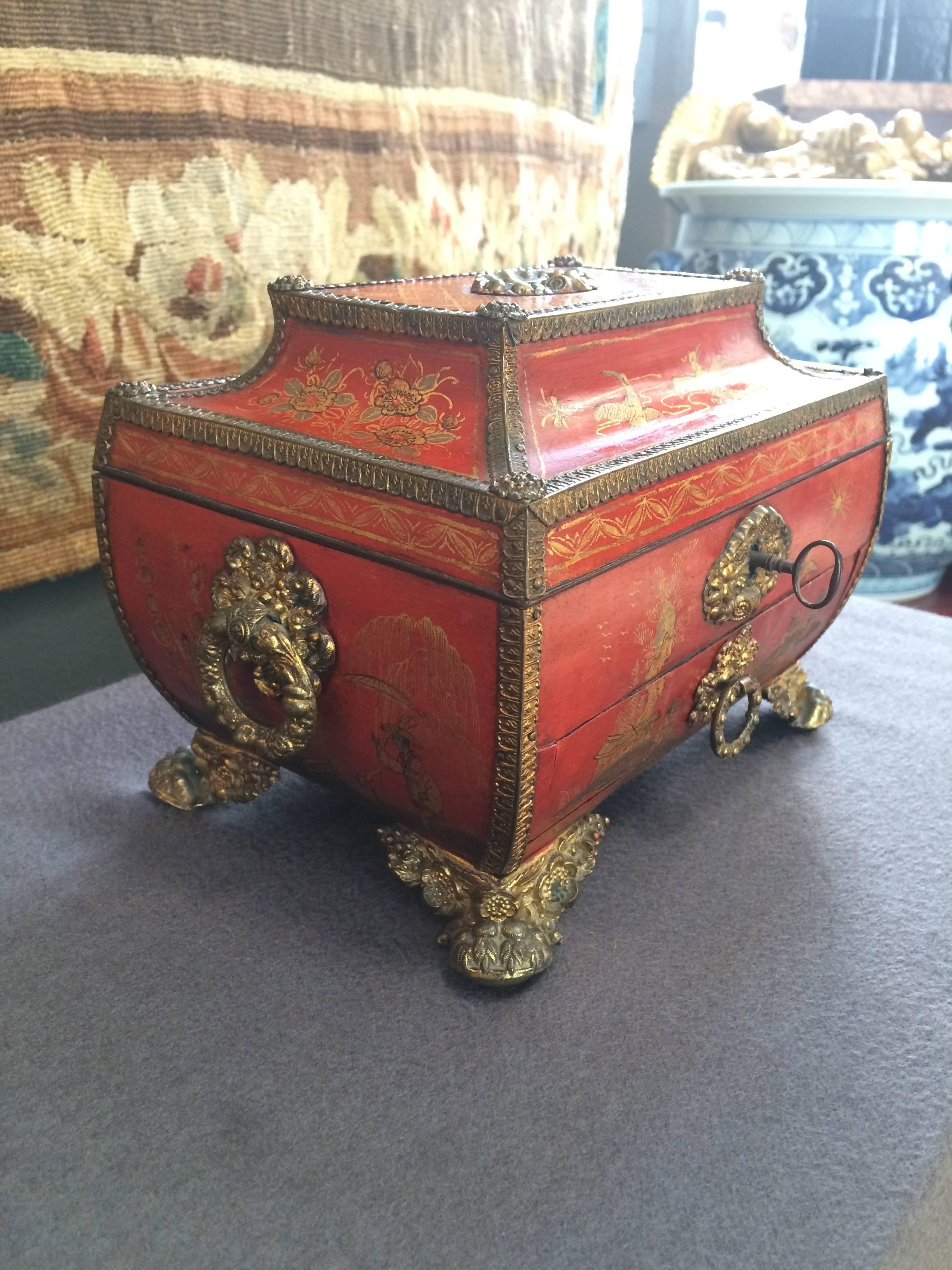 European Charming Small Red Lacquered Chinoiserie Sewing Box, 19th Century For Sale