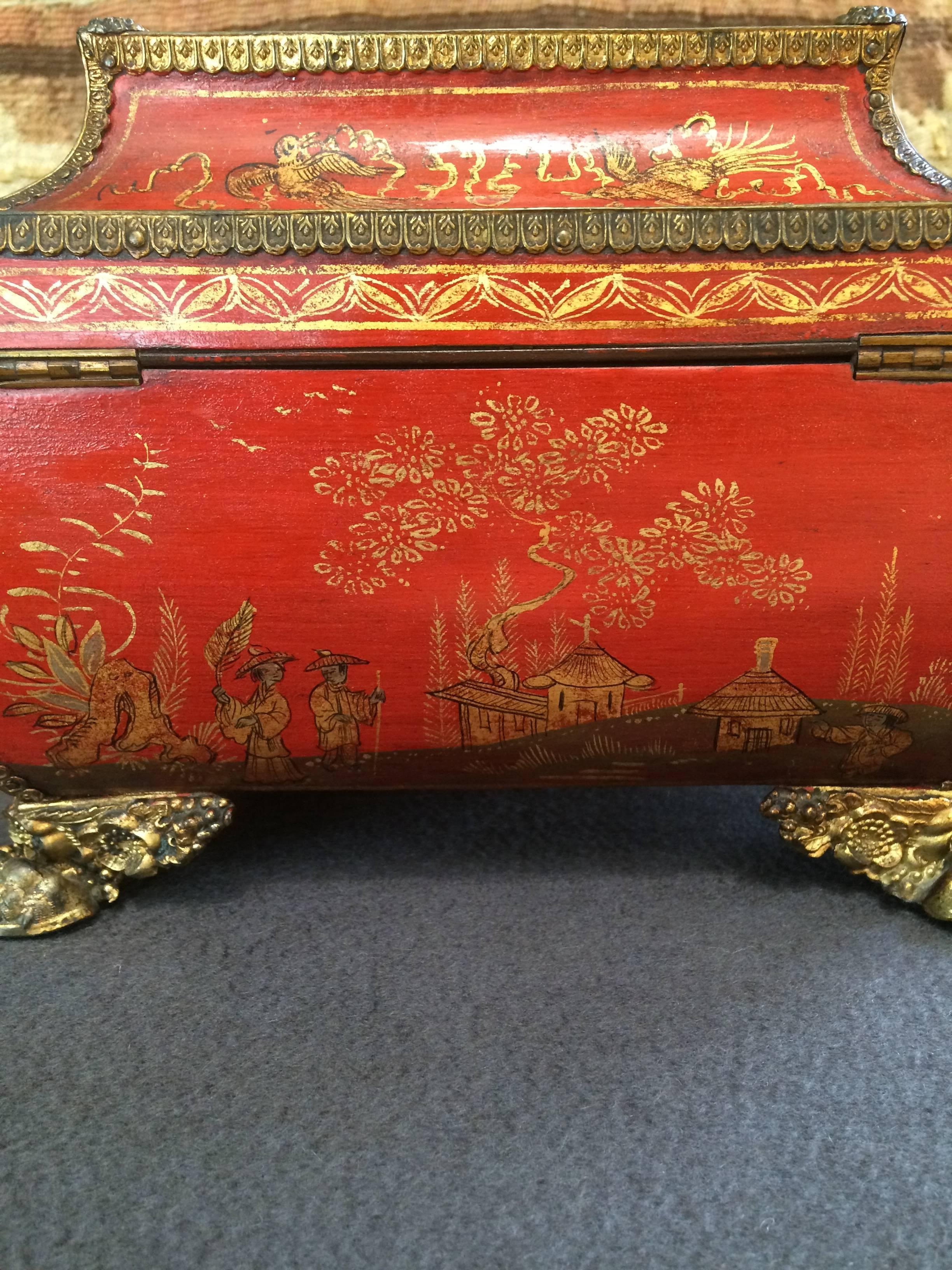 Charming Small Red Lacquered Chinoiserie Sewing Box, 19th Century For Sale 3