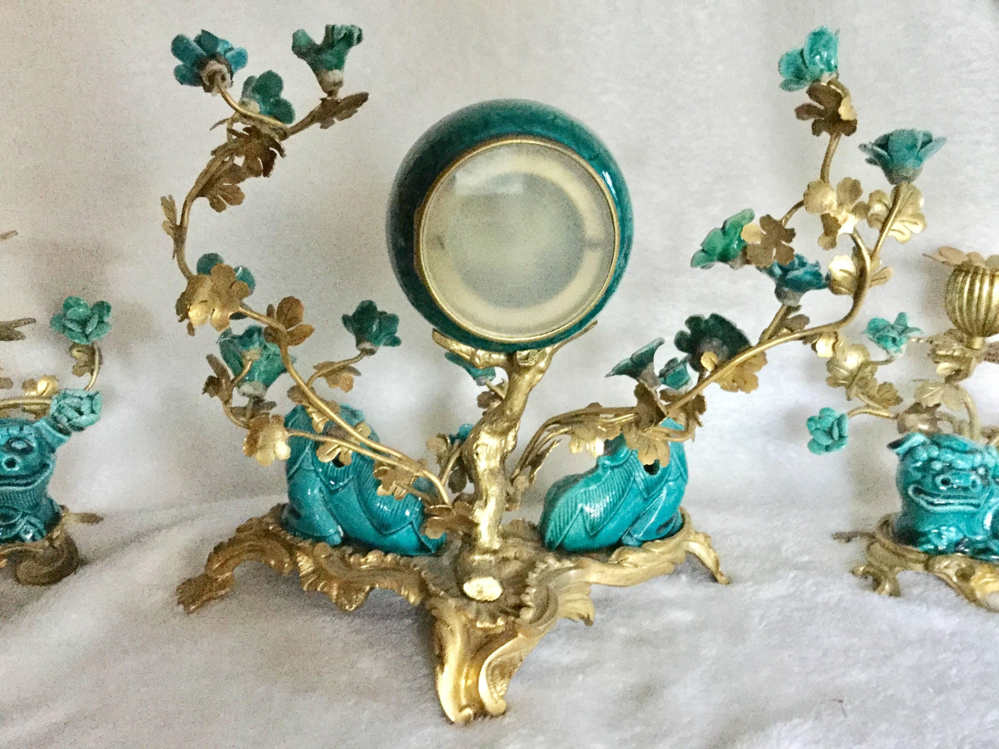 Louis XV Style Garniture Clock Set In Good Condition For Sale In Palm Beach, FL